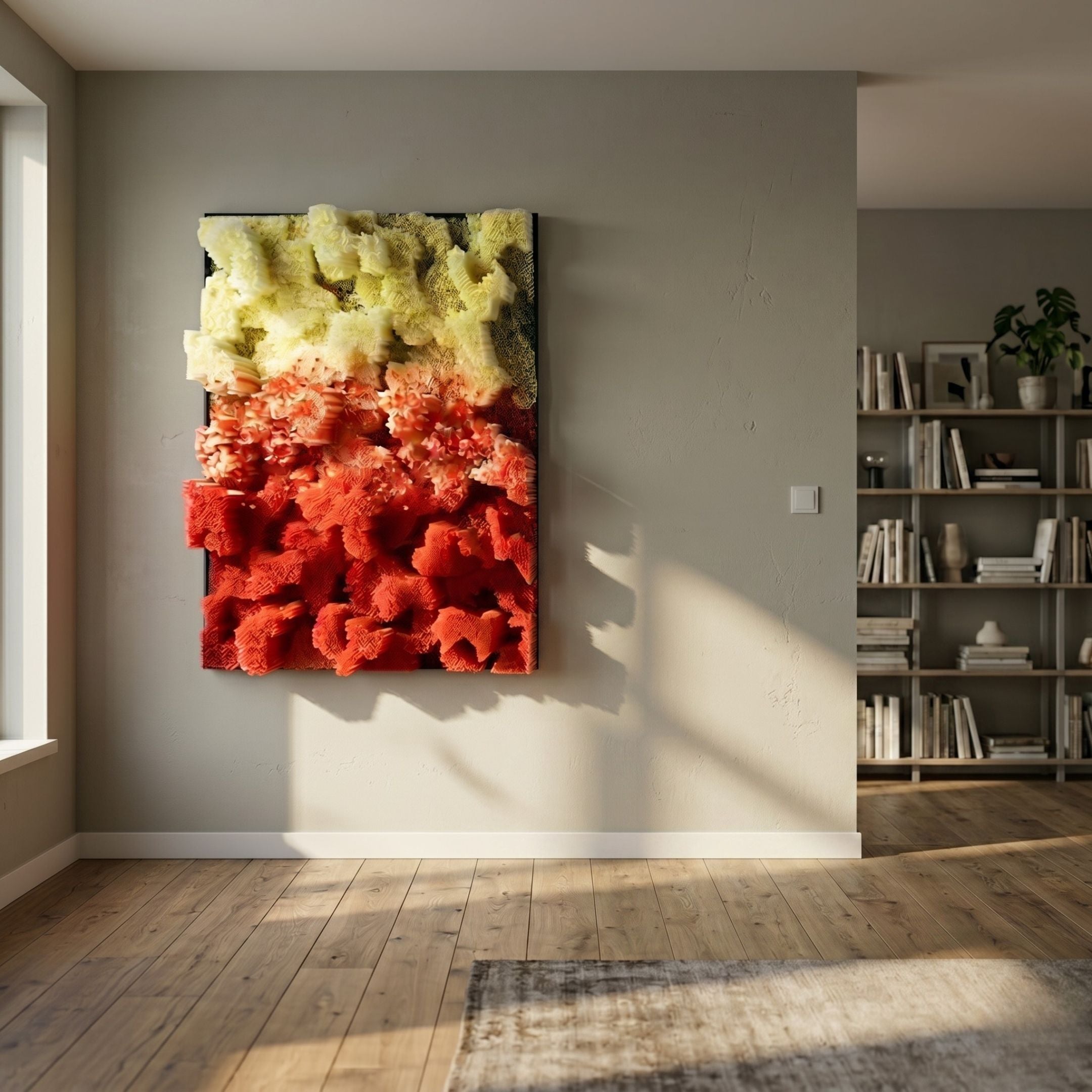 Chromavolt Citrus & Ember Straw 3D Wall Art by Giant Sculptures, mounted on a grey wall in a wood-floored room beside a bookshelf and sunlit window.