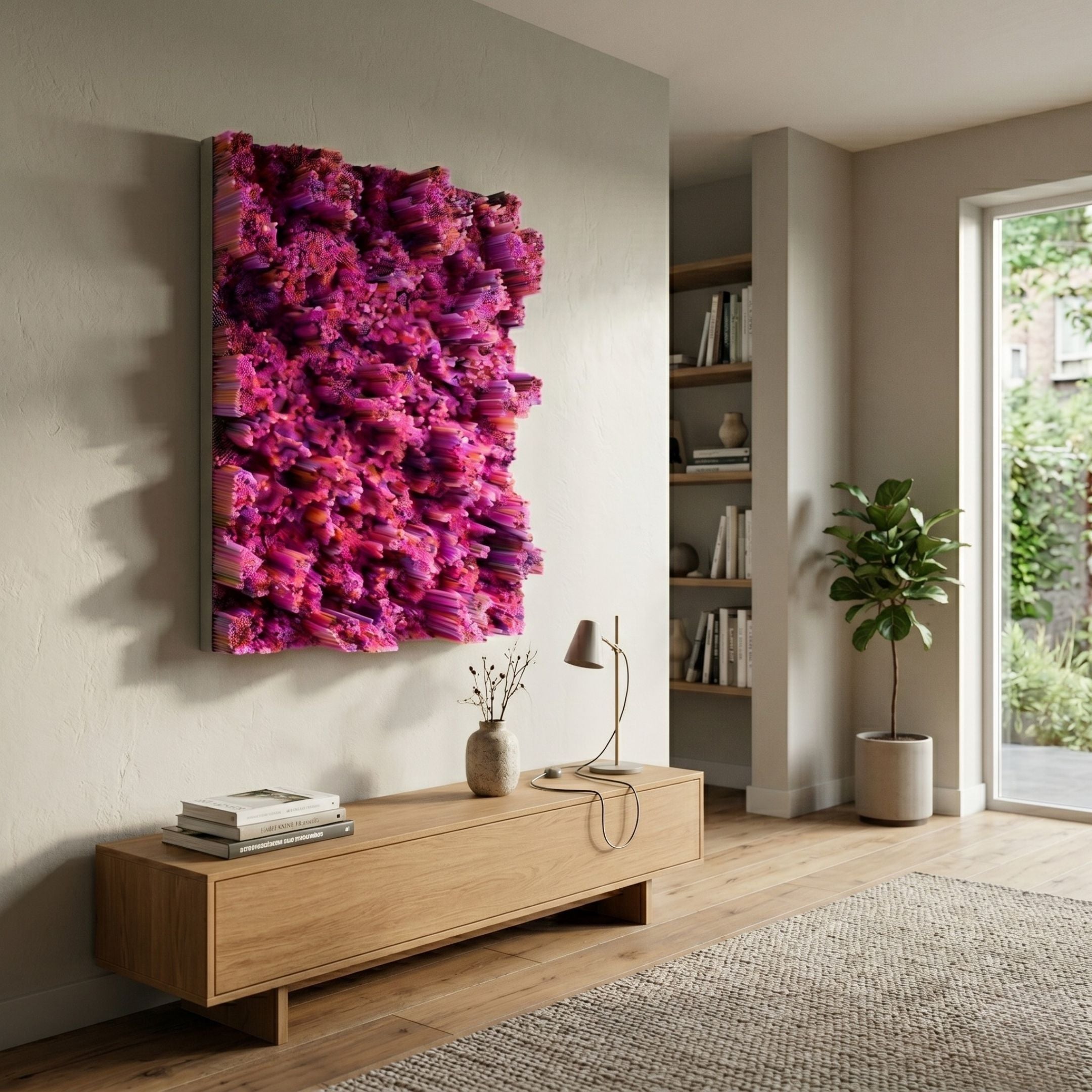 Chromavolt Magenta Storm Straw 3D Wall Art by Giant Sculptures mounted above a wooden console in a modern living room beside a bookshelf and fiddle-leaf fig.