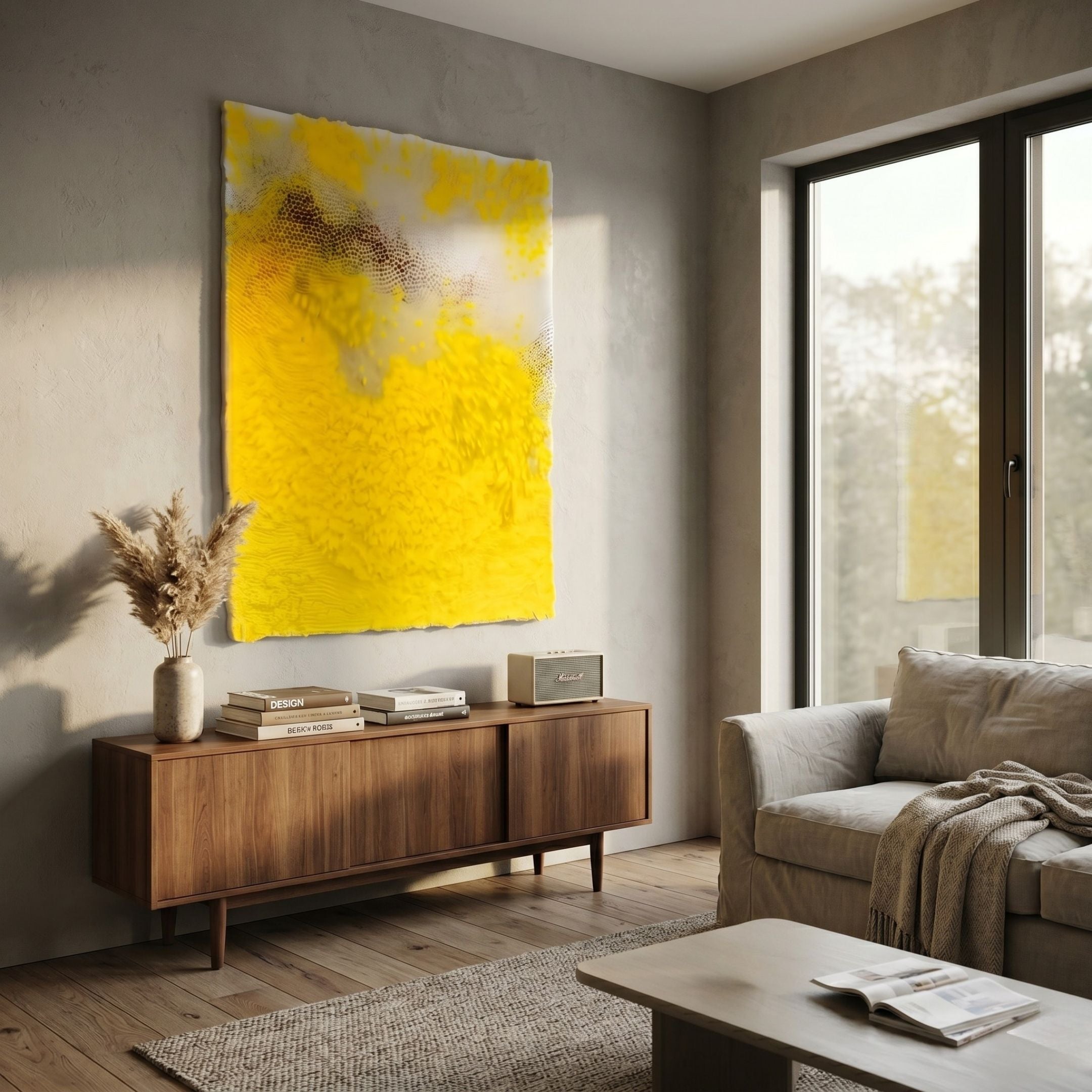 Chromavolt Yellow Surge Straw 3D Wall Art by Giant Sculptures displayed above a walnut sideboard in a modern living room with pampas grass and a beige sofa.