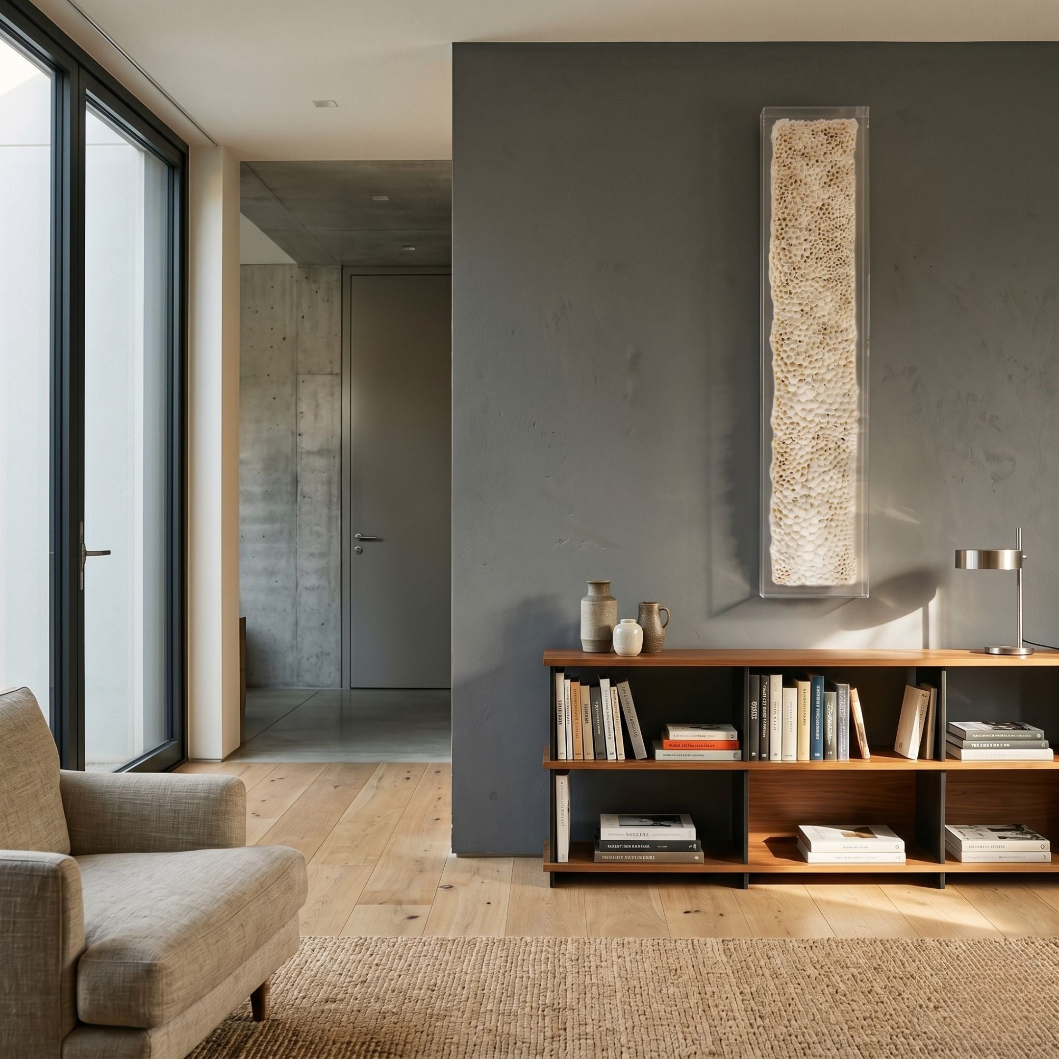 Aeraline Soft Ivory Vertical Gradient Leather 3D Wall Art by Giant Sculptures, a tall hexagonal honeycomb panel mounted on a grey wall above a wooden bookshelf.