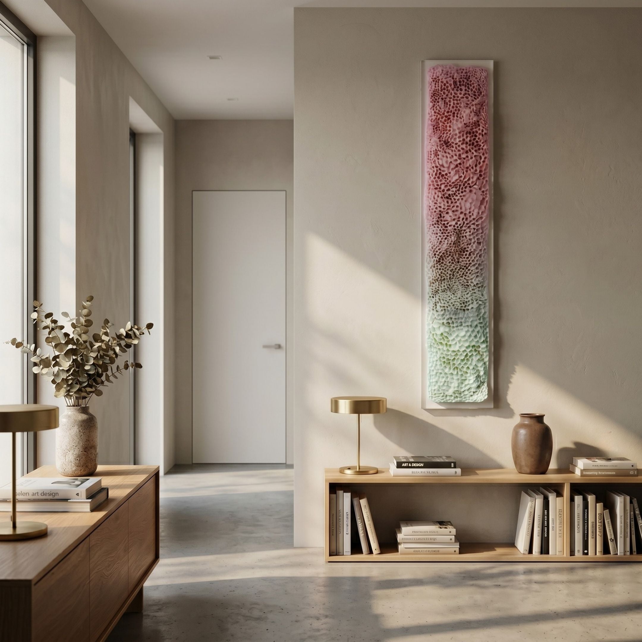Aeraline Rose Mist Vertical Gradient Leather 3D Wall Art by Giant Sculptures, mounted in a sunlit hallway above a low oak bookshelf with brass lamp.