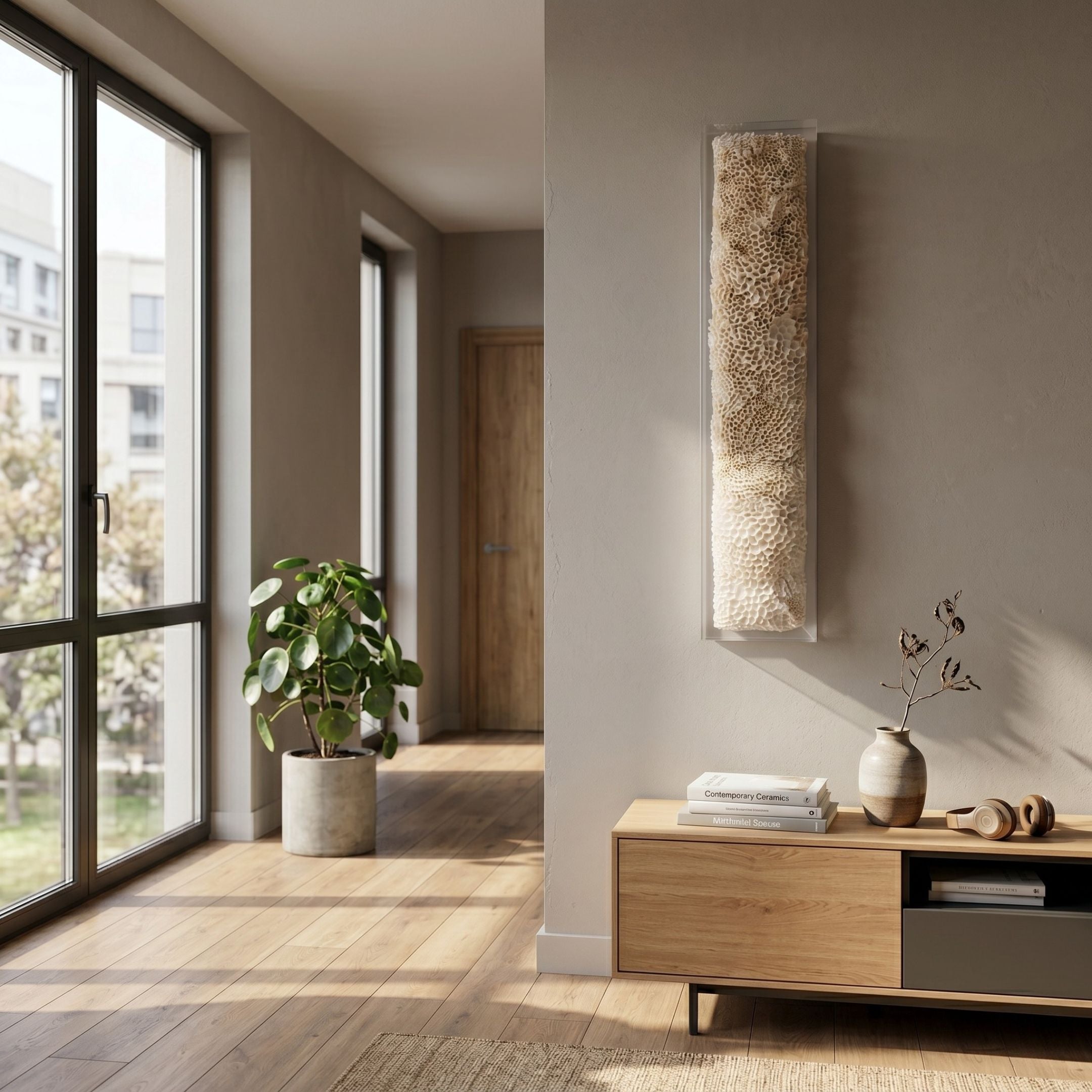Aeraline Snowlit Ivory Vertical Gradient Leather 3D Wall Art mounted on a beige wall in a Nordic hallway with oak sideboard, ceramic vase, and pilea plant.