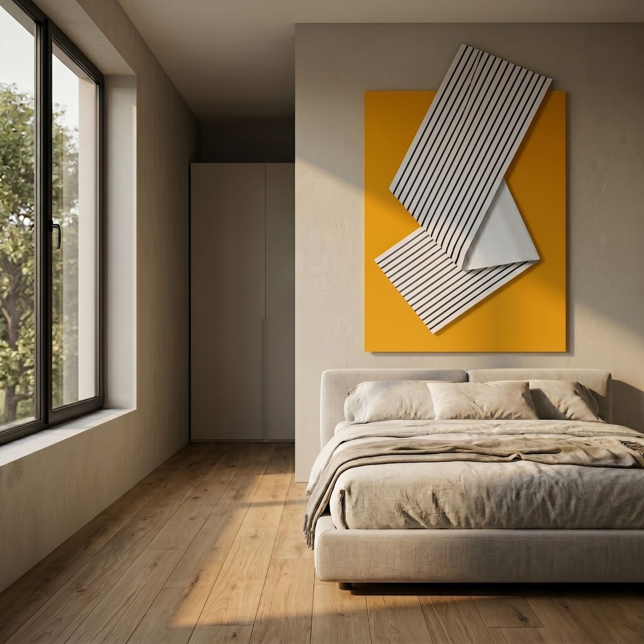 Arcluma Marigold Stripe Fold Leather 3D Wall Art by Giant Sculptures, mounted above a beige bed in a sunlit modern bedroom with wood floors and a window.
