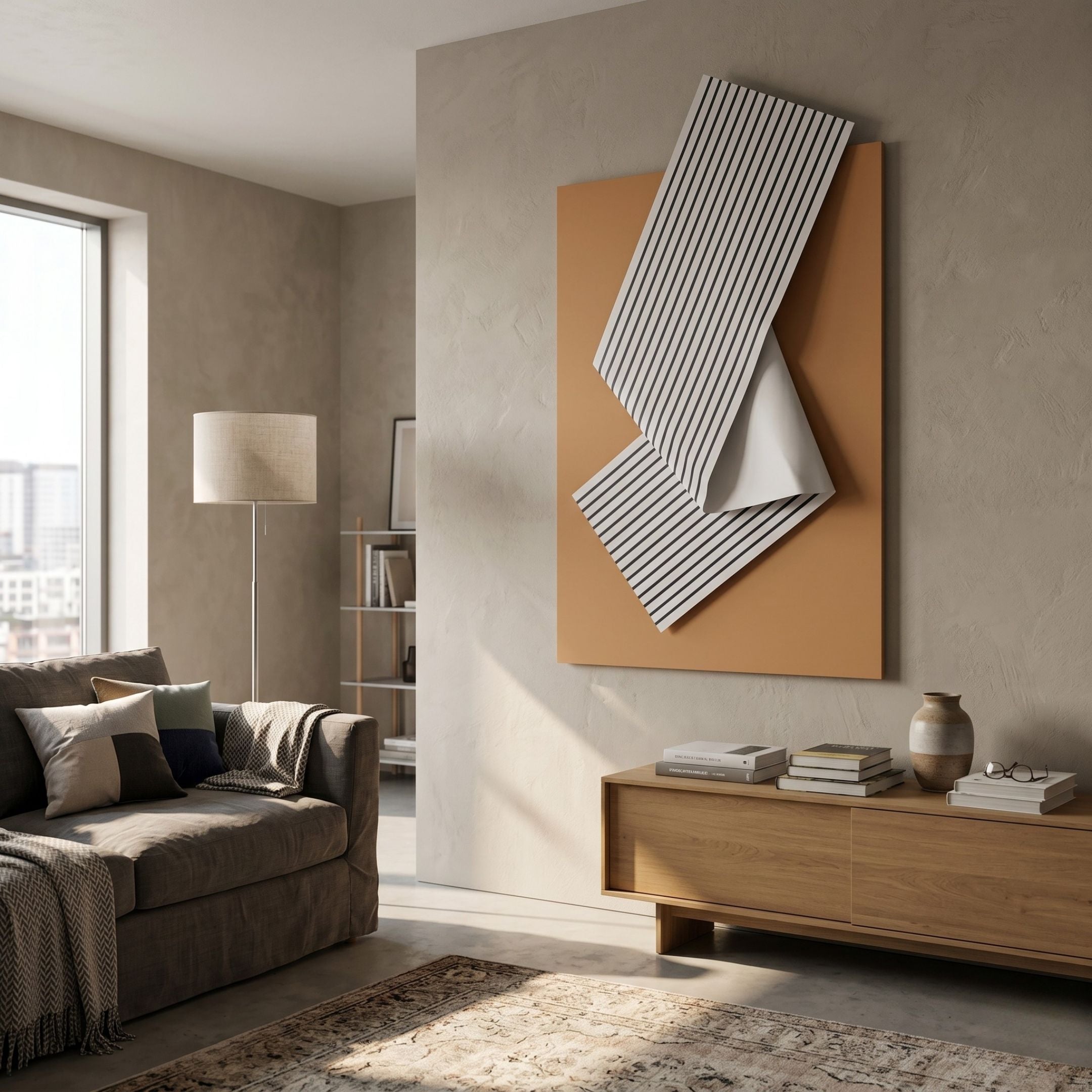 Arcluma Amber Stripe Fold Leather 3D Wall Art by Giant Sculptures, with white black-striped folded sheets over an amber panel, mounted in a modern living room.