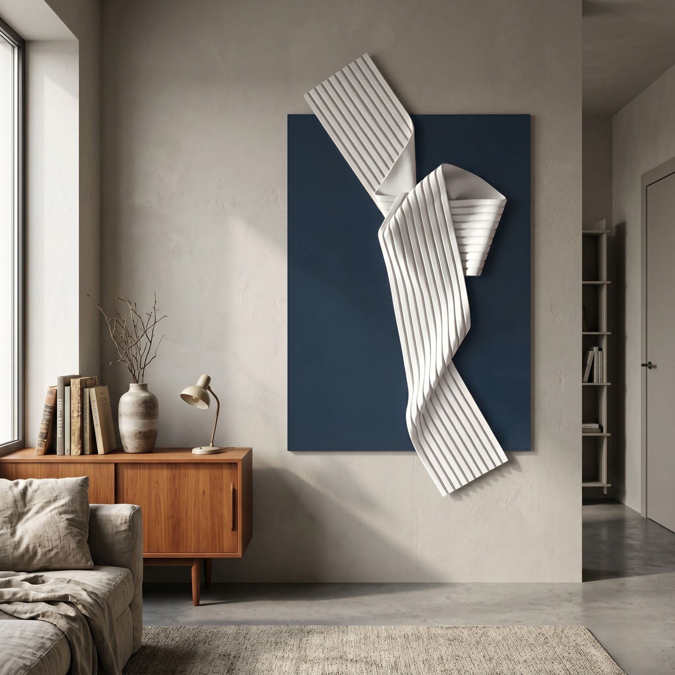 Arcluma Midnight Blue Folded Ribbon Leather 3D Wall Art by Giant Sculptures displayed above a wooden sideboard in a modern living room.