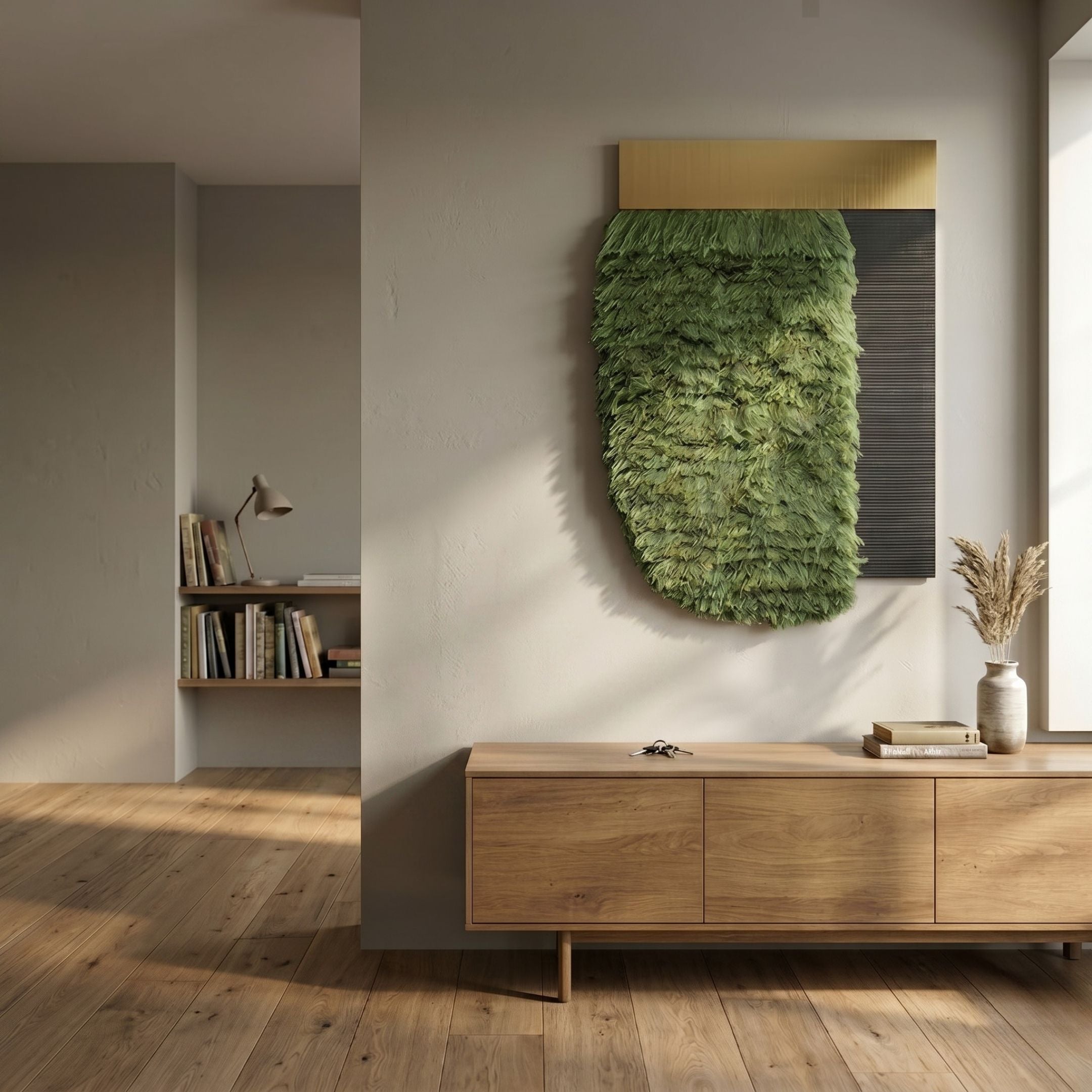 Halvoria Grey & Sage Fibre Panel 3D Wall Art by Giant Sculptures mounted above a wooden sideboard in a neutral hallway with pampas grass and books.