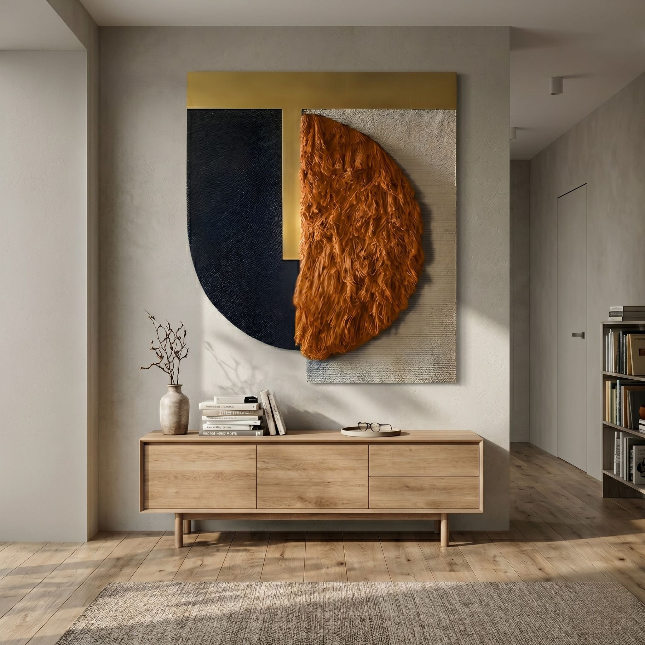 Halvoria Black & Terracotta Fibre Shield 3D Wall Art by Giant Sculptures displayed above an oak sideboard with vase and books in a modern hallway.