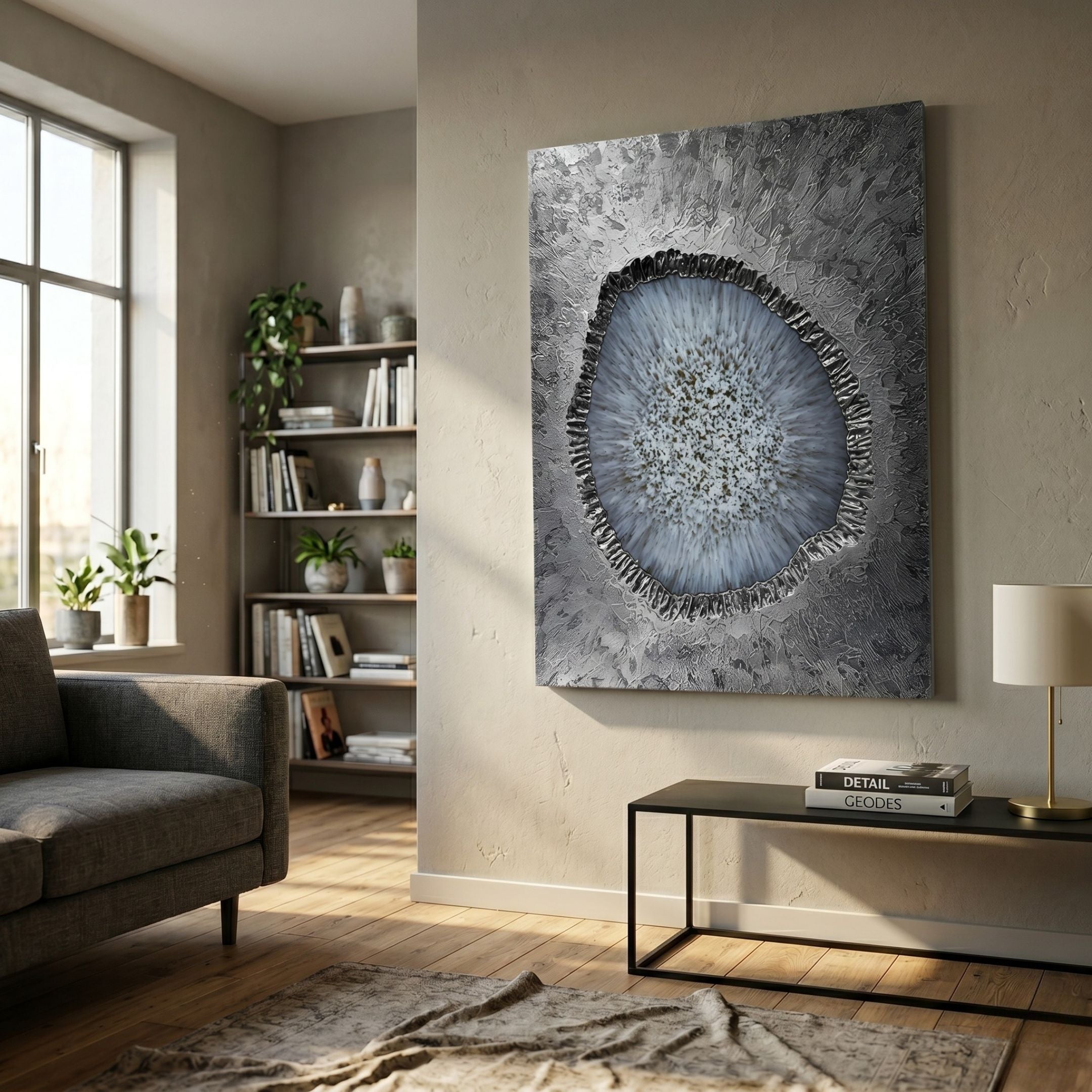Vorthera Frost Halo Textured Silver 3D Wall Art mounted on a beige wall in a sunlit living room beside a bookshelf, grey sofa, and console table.