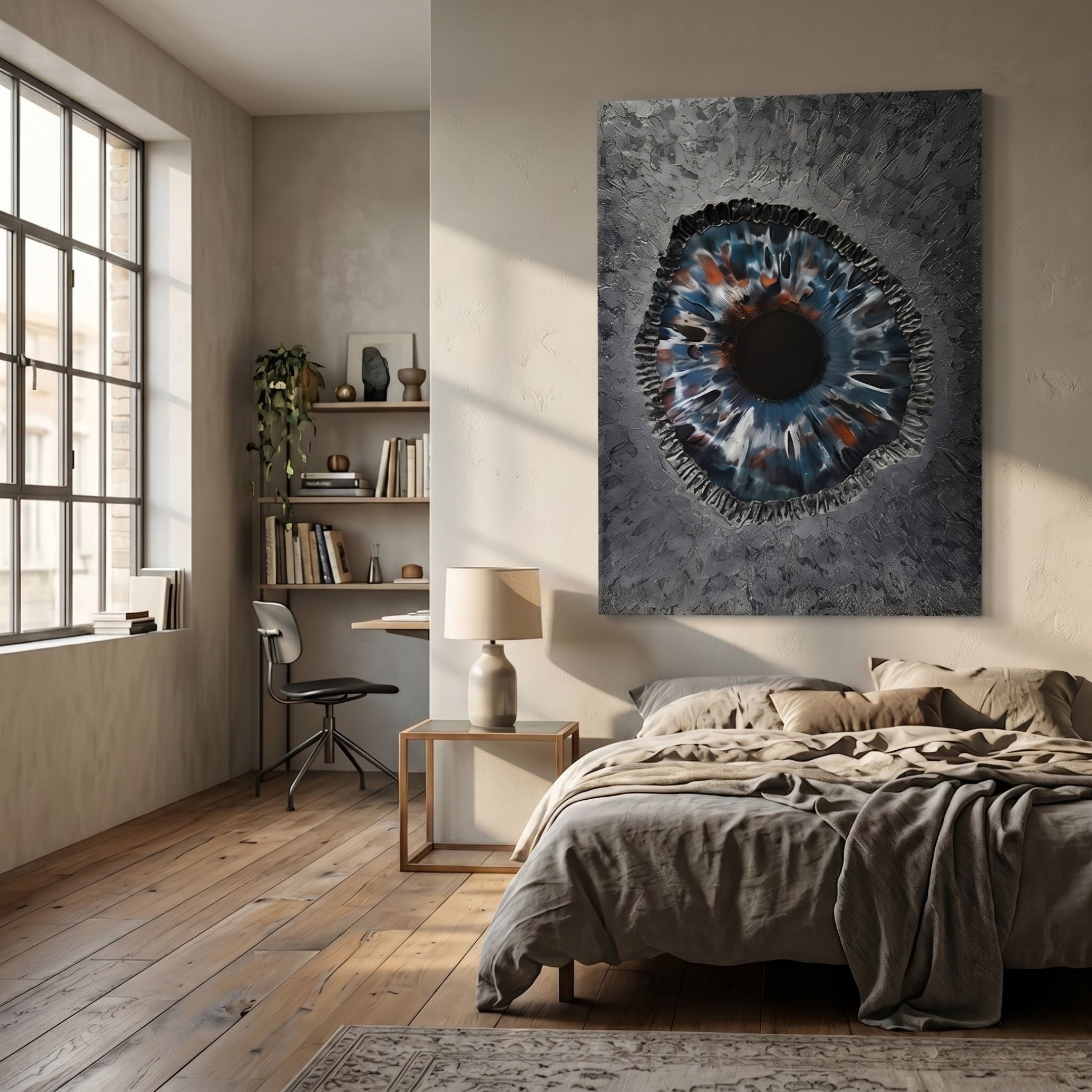 Vorthera Steel Rift Textured Silver 3D Wall Art with a blue and rust iris-like core on a silver-grey field, mounted above a bed in a sunlit bedroom.