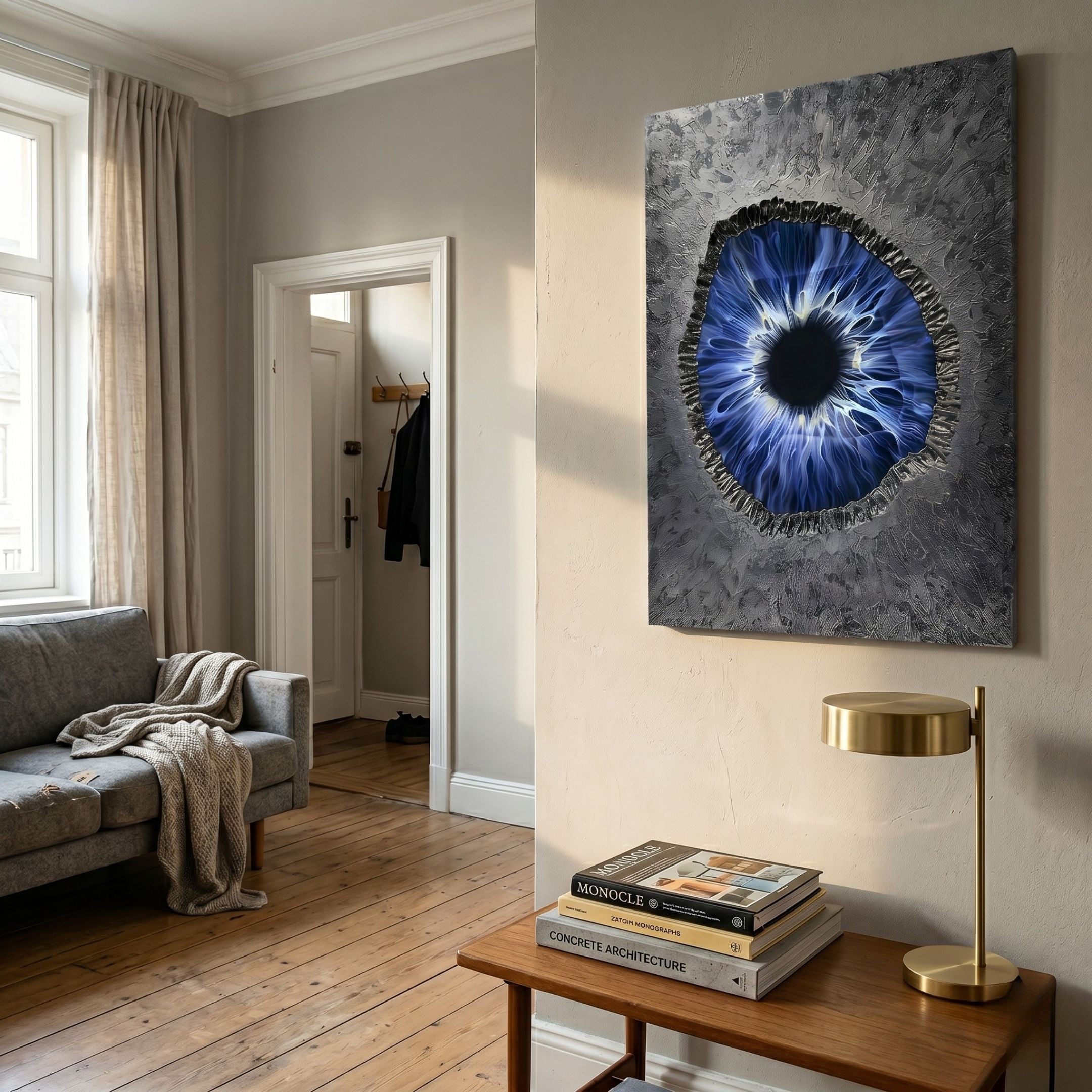Vorthera Midnight Iris Textured Silver 3D Wall Art by Giant Sculptures displayed in a living room with a grey sofa, wooden floor, and brass lamp on a side table.