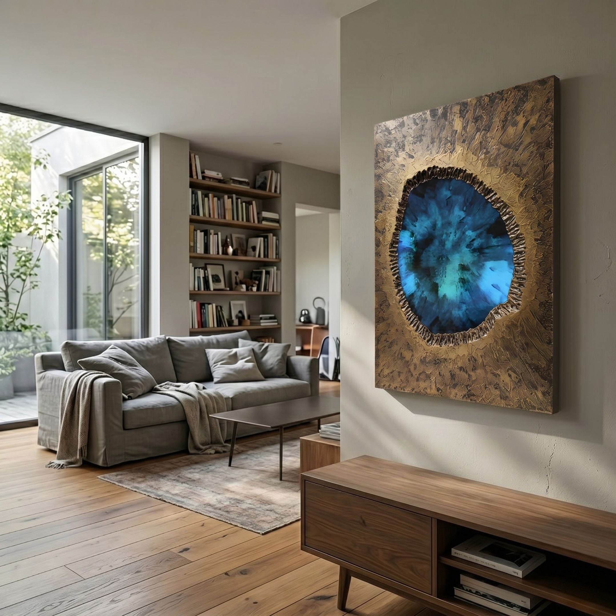 Vorthera Sapphire Burst Textured Gold 3D Wall Art with a jagged blue crystalline center, displayed in a modern living room with a grey sofa and bookshelf.