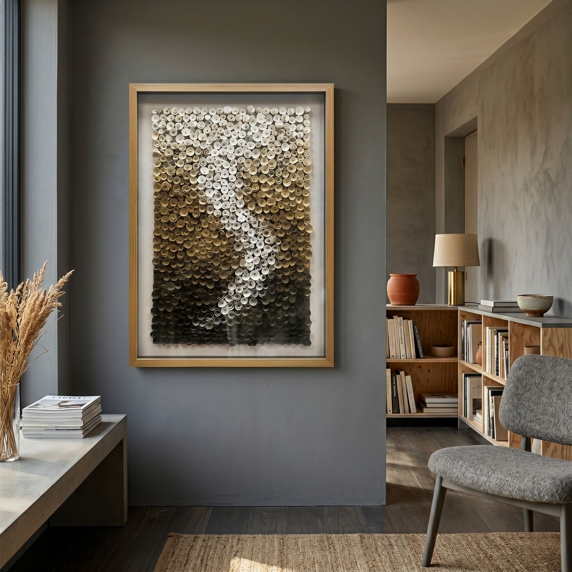 Spiravale Gold Gradient Floral Curl 3D Wall Art by Giant Sculptures in a wood frame, displayed on a grey wall in a modern living room with bookshelf.