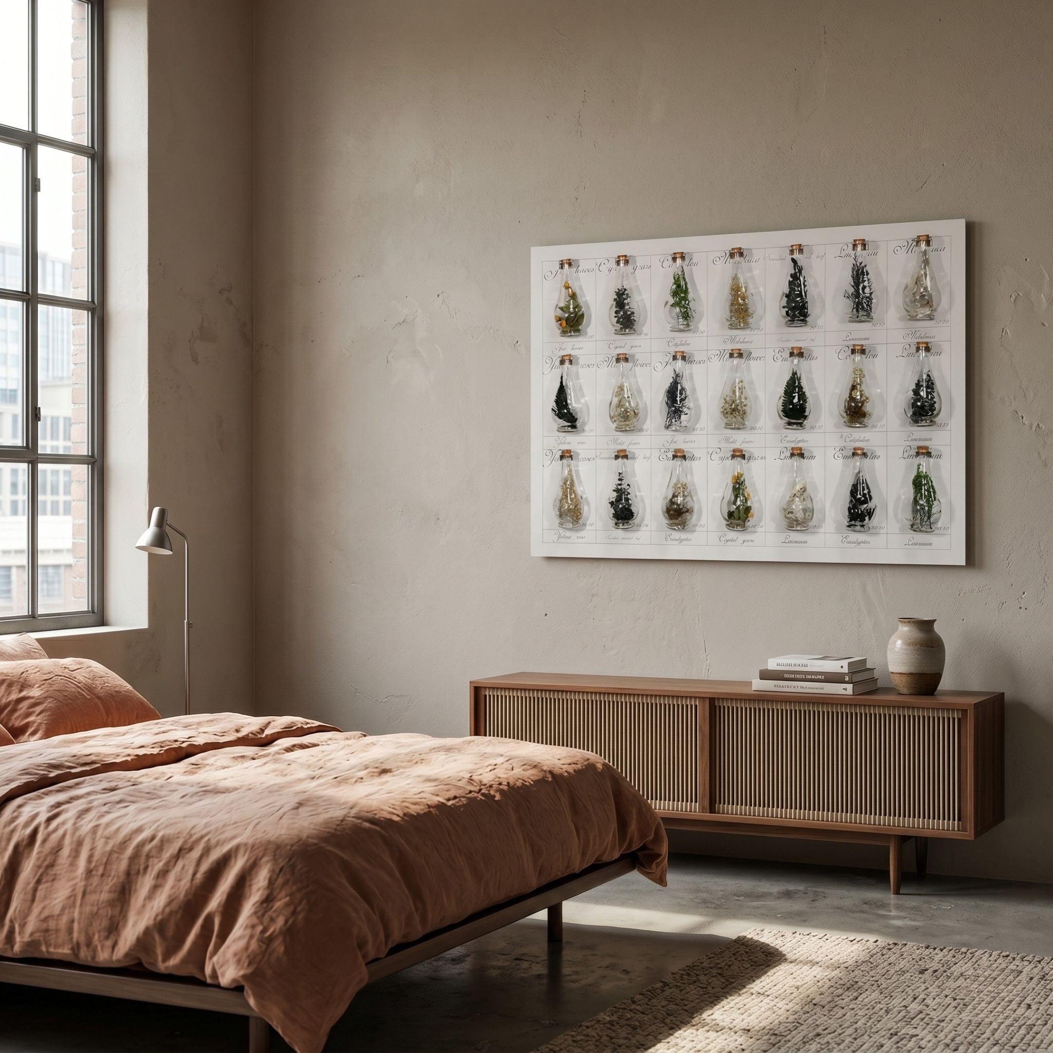 Archivelle Botanical Catalogue Glass Bottle 3D Wall Art by Giant Sculptures displayed above a wooden sideboard in a warm-toned bedroom with linen bedding.