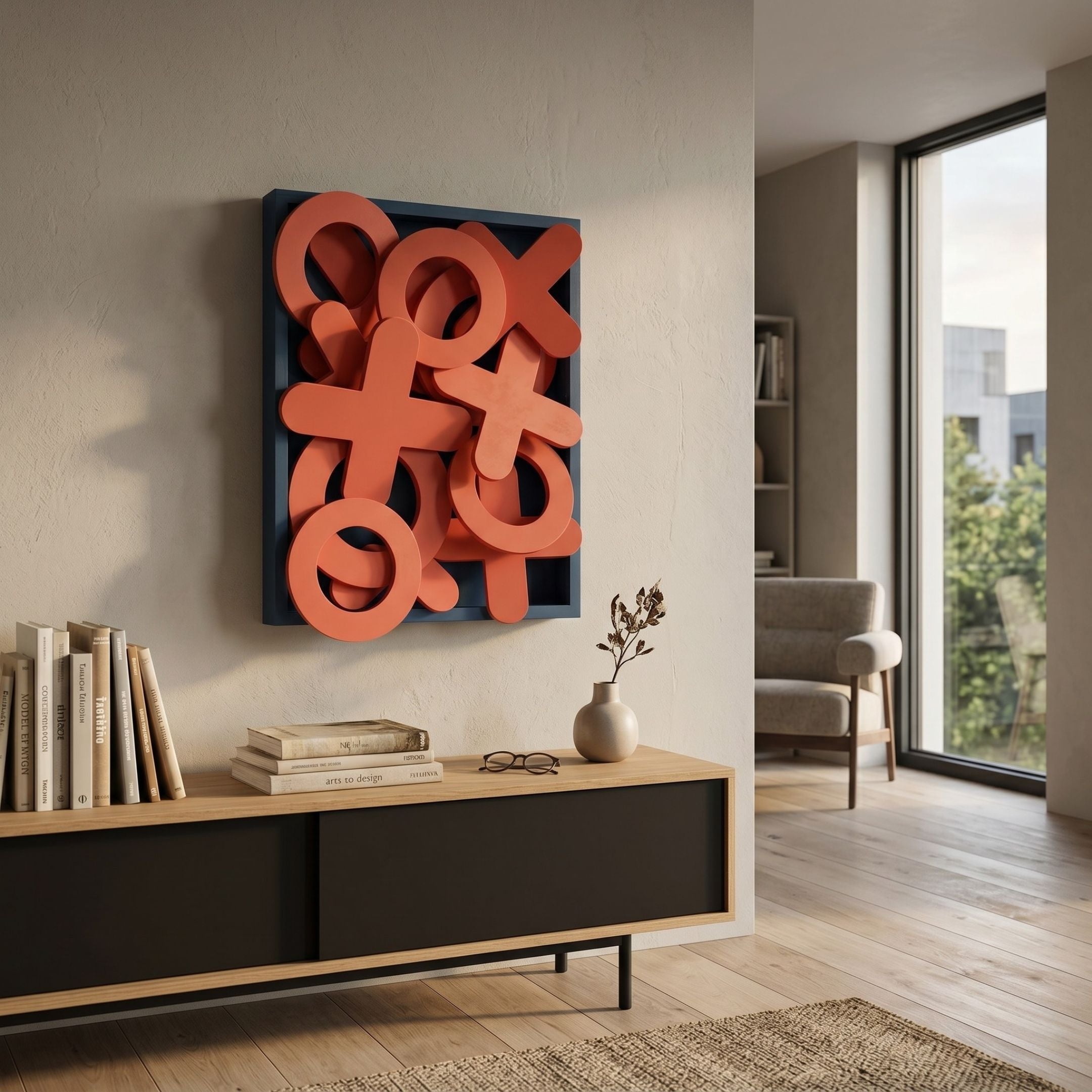 Typova Red X&O Wood Carving 3D Wall Art by Giant Sculptures, layered red carved symbols in a deep blue box frame, mounted above a wooden sideboard.