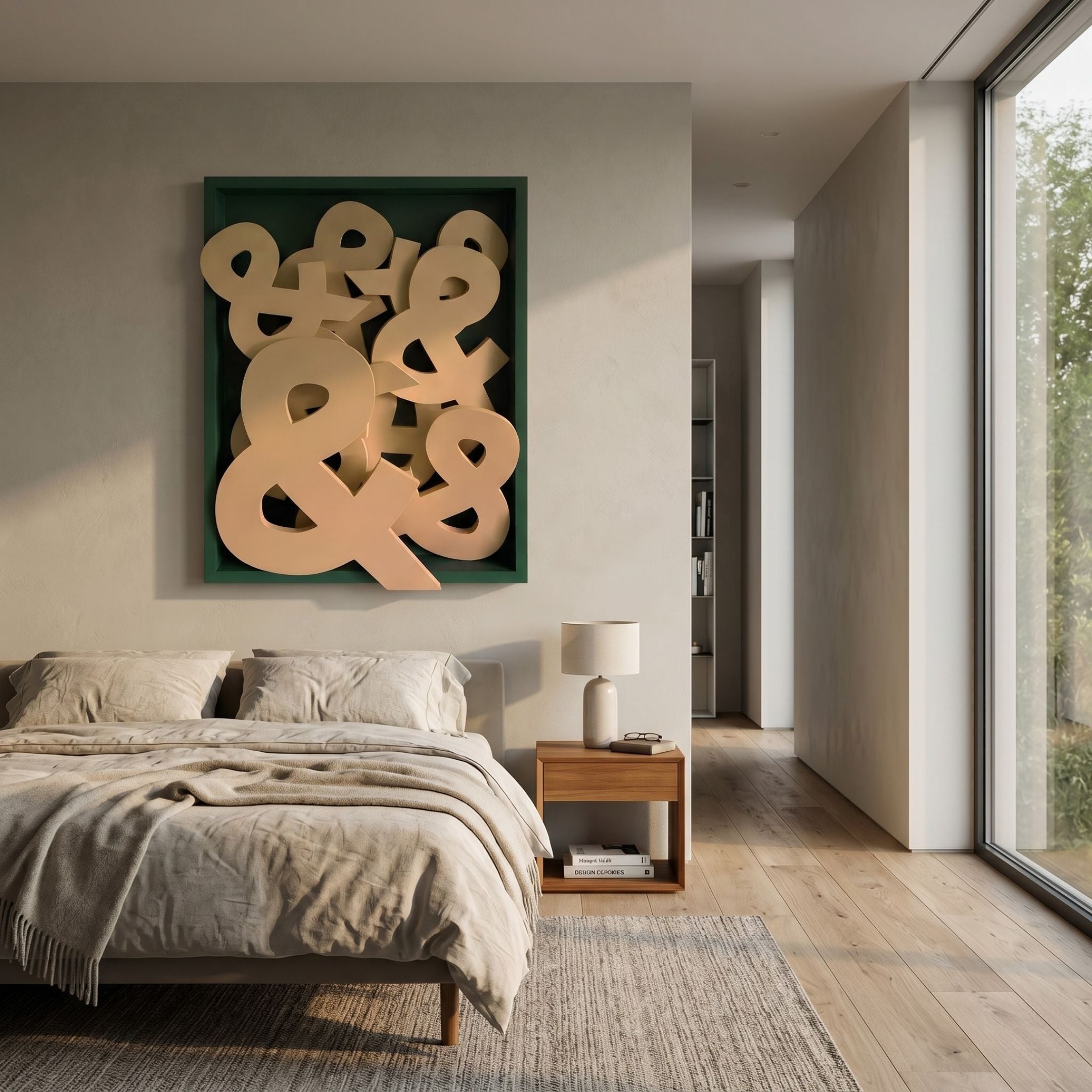 Typova Mustard Ampersand Wood Carving 3D Wall Art by Giant Sculptures, displayed above a linen-dressed bed in a sunlit modern bedroom with oak flooring.