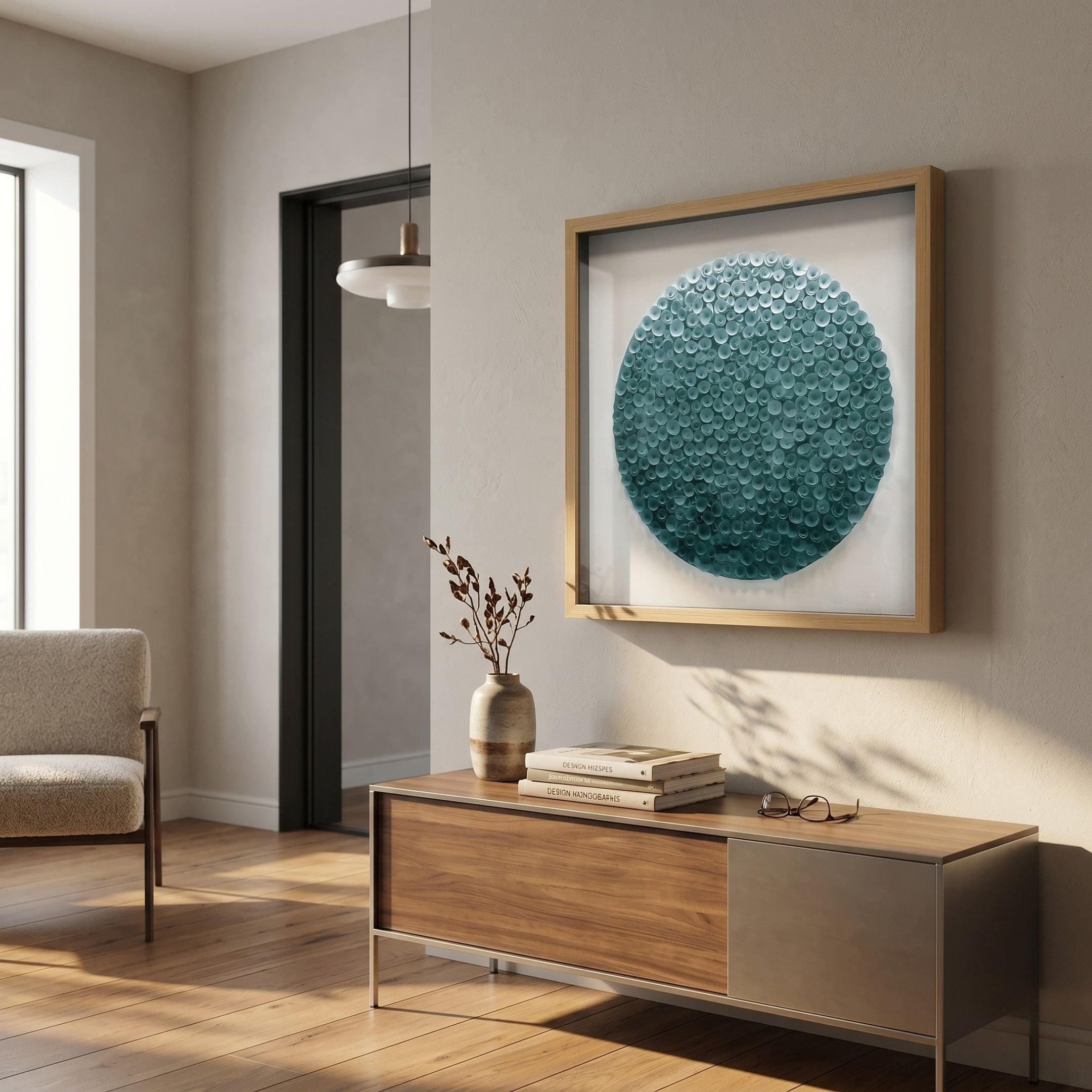 Aureliare Teal Blue Rolled Floral Framed 3D Wall Art displayed in a modern hallway above a wooden console with vase, books, and a boucle armchair.