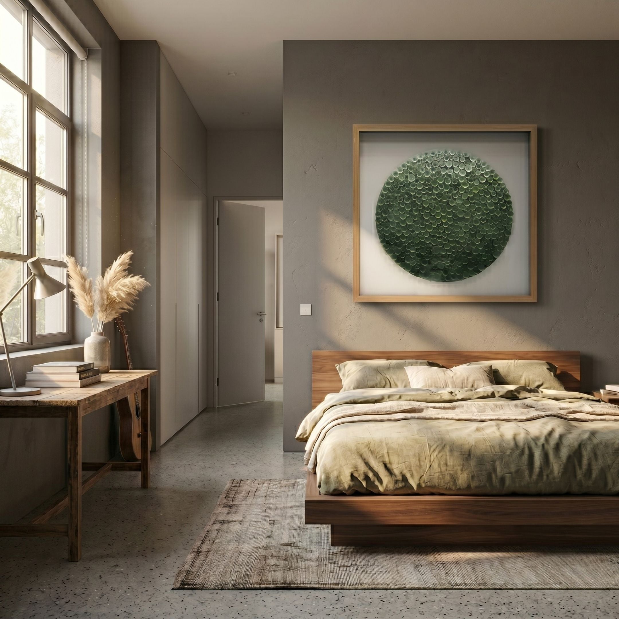 Aureliare Forest Green Rolled Floral Framed 3D Wall Art by Giant Sculptures displayed above a wooden bed in a modern bedroom with linen bedding.