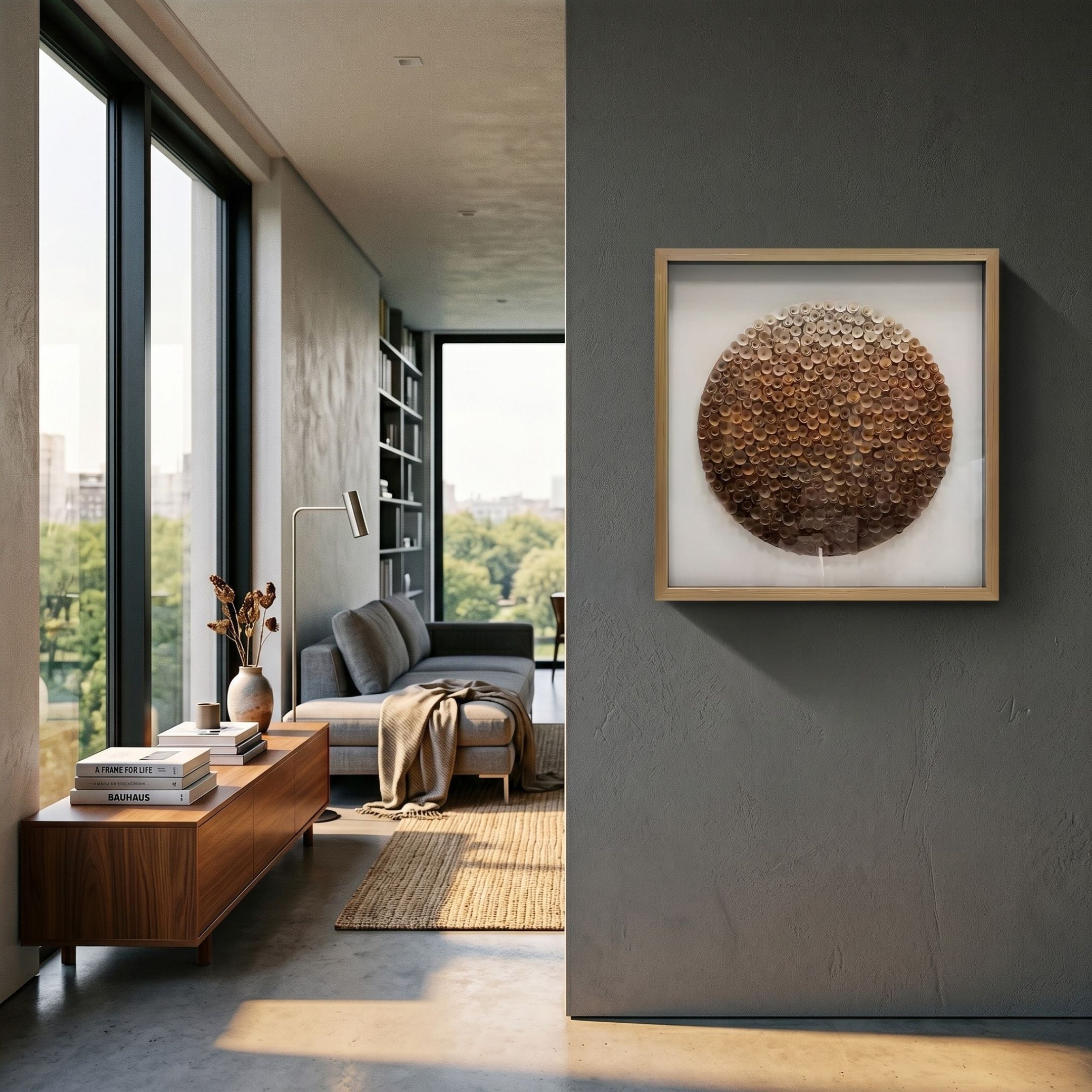 Aureliare Bronze Fade Rolled Floral Framed 3D Wall Art in a light wood frame on a grey wall, beside a modern living room with a grey sofa and walnut console.