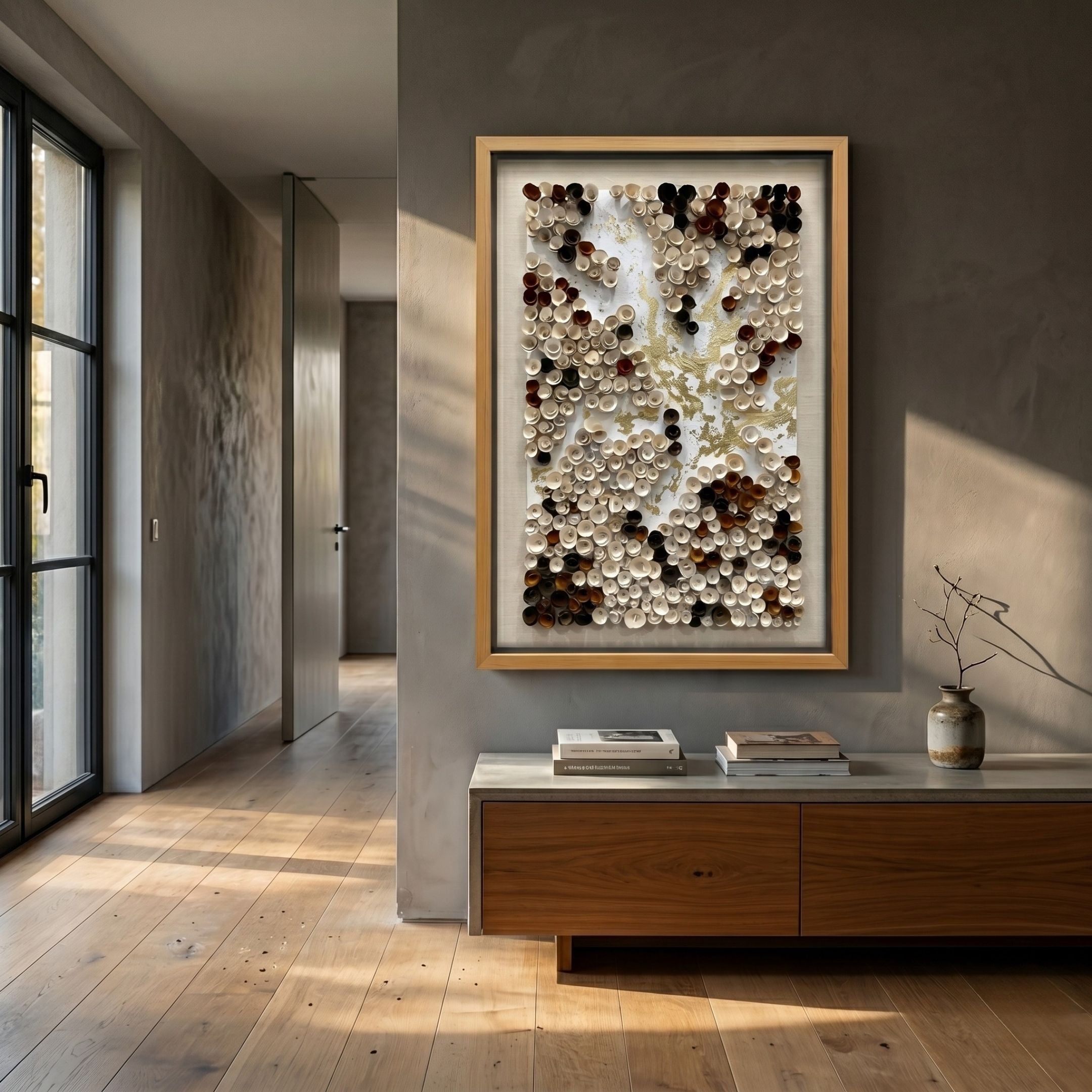 Volaris Gold & White Rolled Floral Framed 3D Wall Art by Giant Sculptures, displayed in a sunlit hallway above a wooden console with books and a small vase.