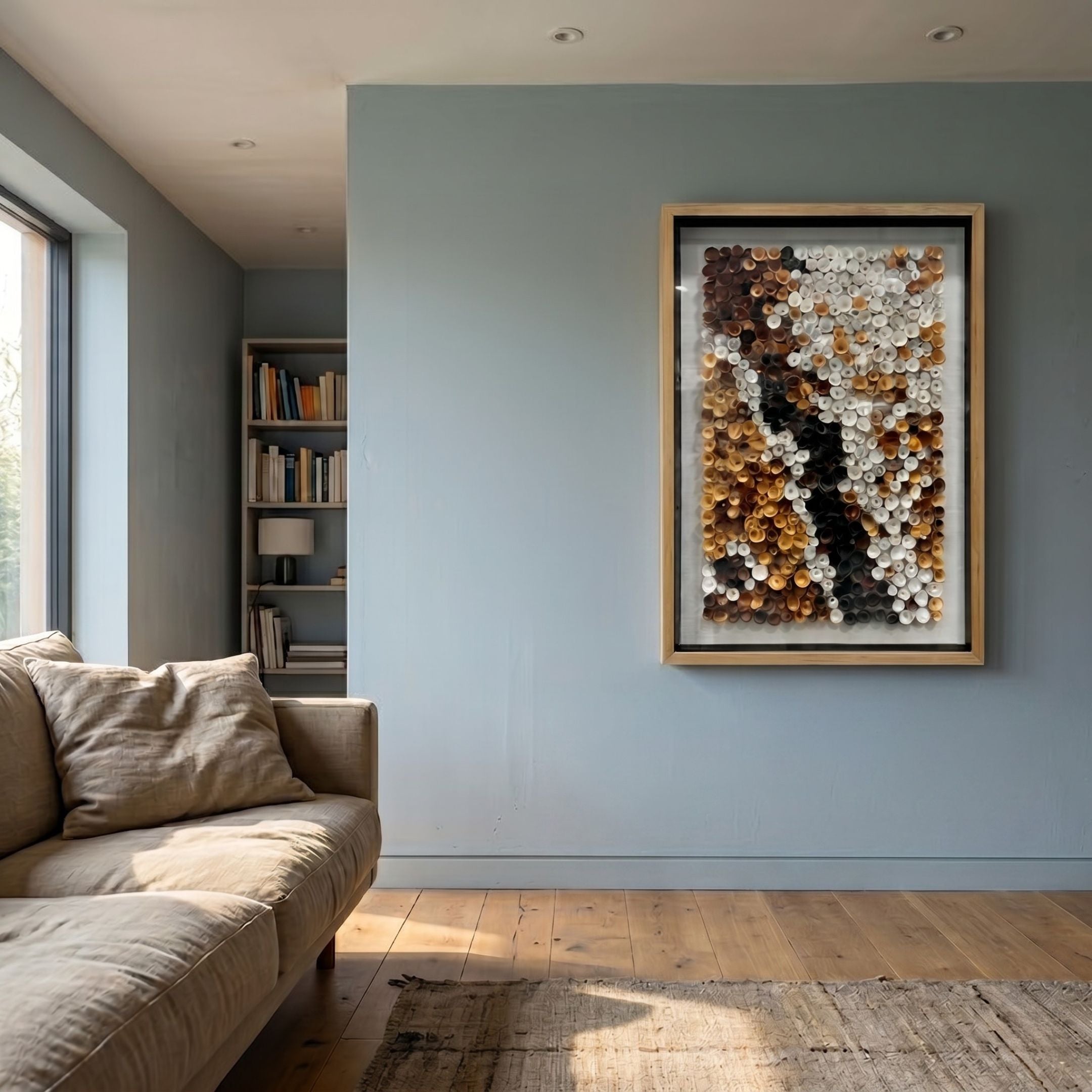 Volaris Ochre & Ivory Rolled Floral Framed 3D Wall Art in a wooden frame mounted on a pale blue living room wall above a linen sofa near a bookshelf.