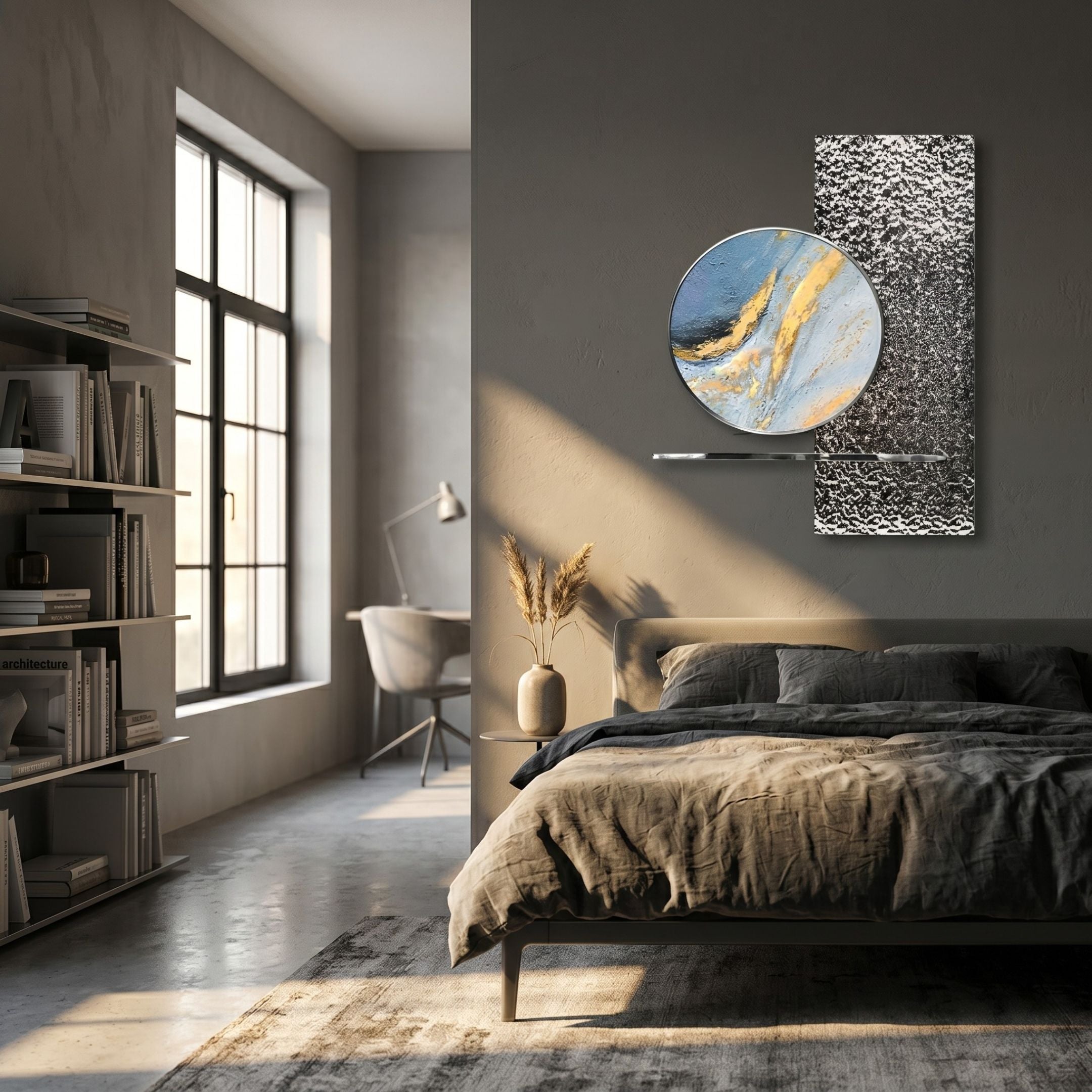 Aurivista Blue & Silver Abstract Circle Panel 3D Metal Wall Art by Giant Sculptures displayed above a bed in a modern grey bedroom with bookshelf.