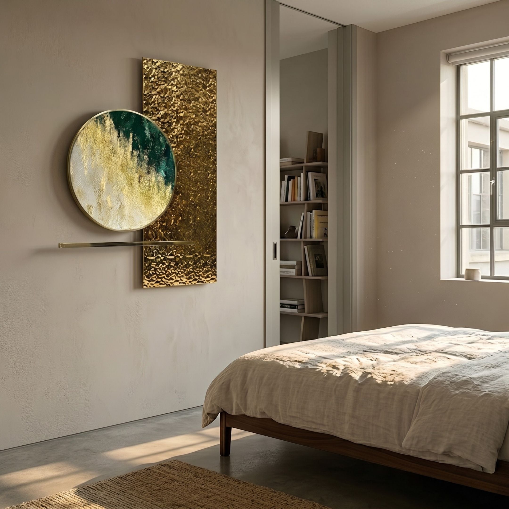 Aurivista Emerald Green & Gold Circle Panel 3D Metal Wall Art by Giant Sculptures, mounted above a linen-dressed bed in a sunlit neutral bedroom.