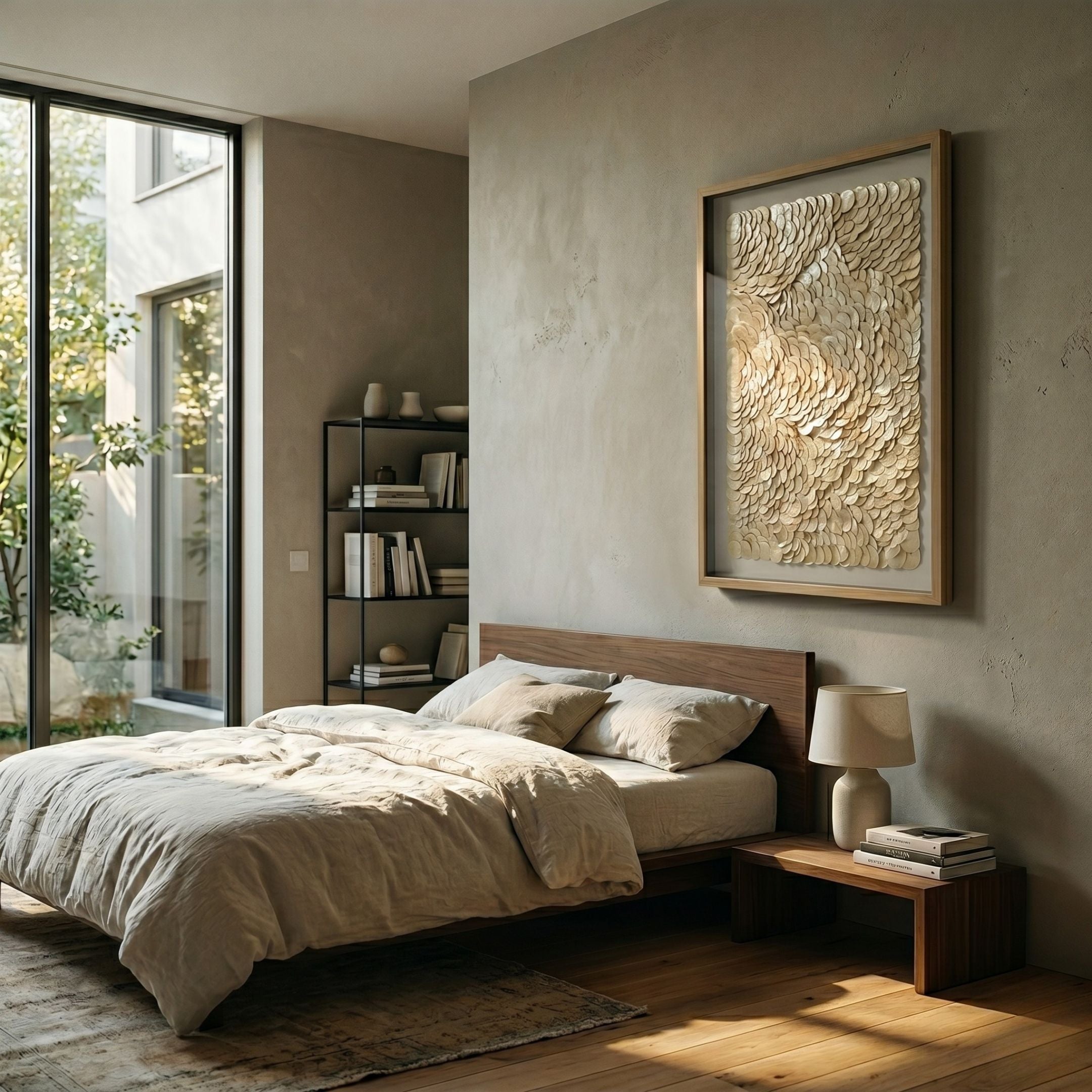 Orraya Golden Shell Disc Layered Framed 3D Wall Art by Giant Sculptures displayed above a wooden bed with linen bedding in a sunlit neutral bedroom.