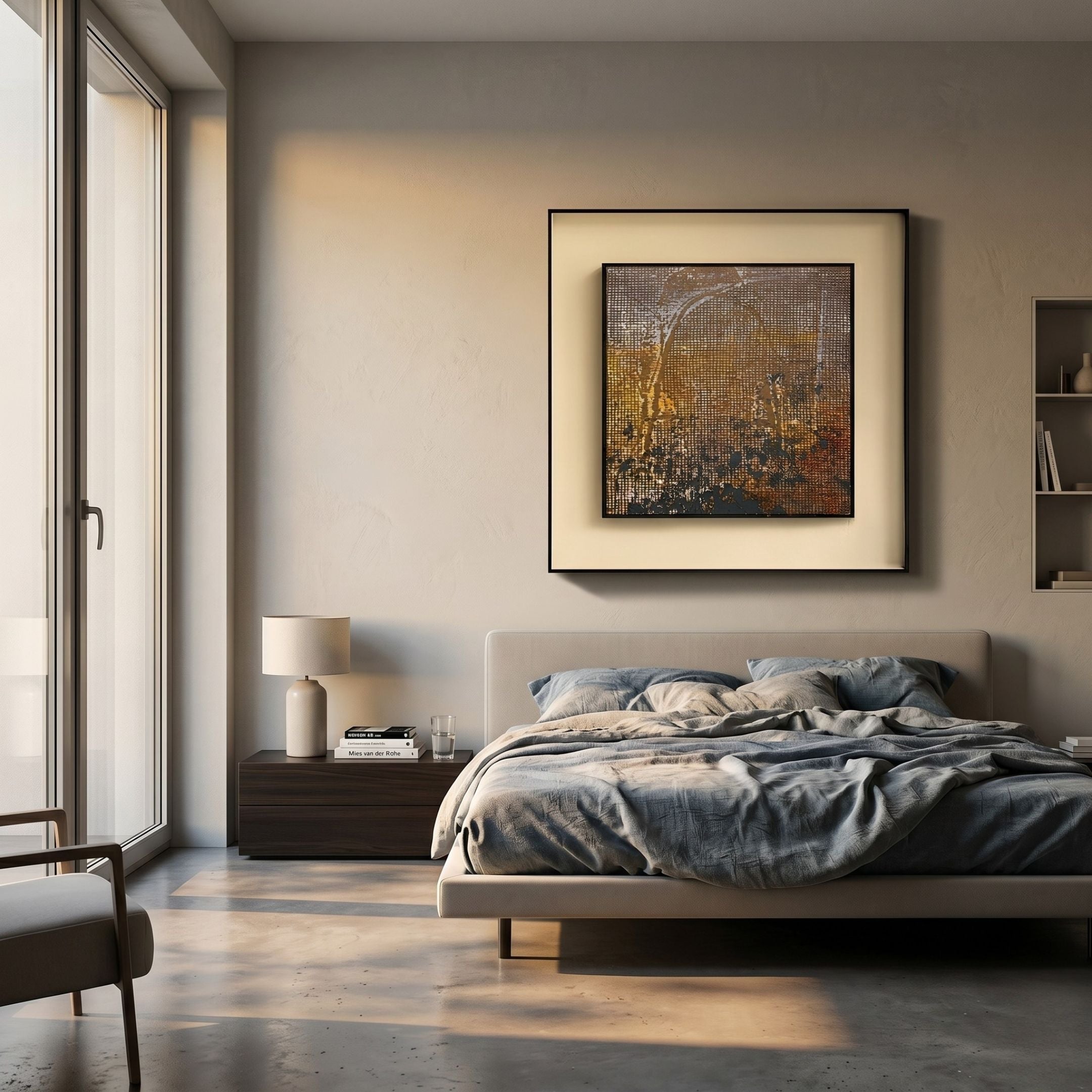 Fiorenze Golden Arch Pattern Textured Square 3D Wall Art by Giant Sculptures displayed above a bed with grey linens in a warm neutral bedroom.