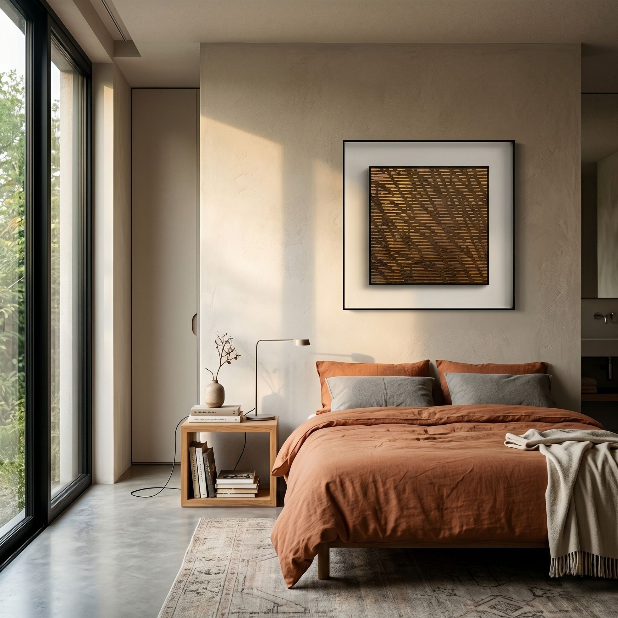 Fiorenze Bronze Textured Square 3D Wall Art by Giant Sculptures displayed above a bed with terracotta linen in a modern bedroom with concrete floor.