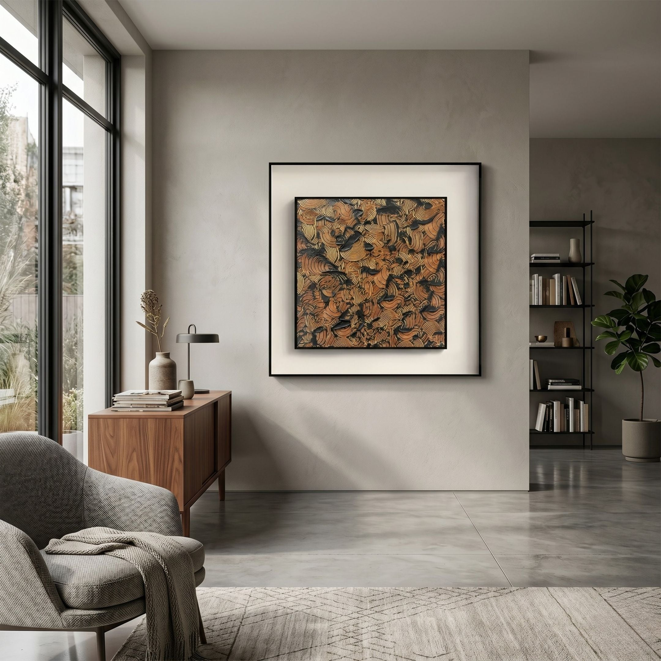 Fiorenze Copper & Black Swirl Textured Square 3D Wall Art by Giant Sculptures displayed above a walnut sideboard in a modern living room with concrete floors.