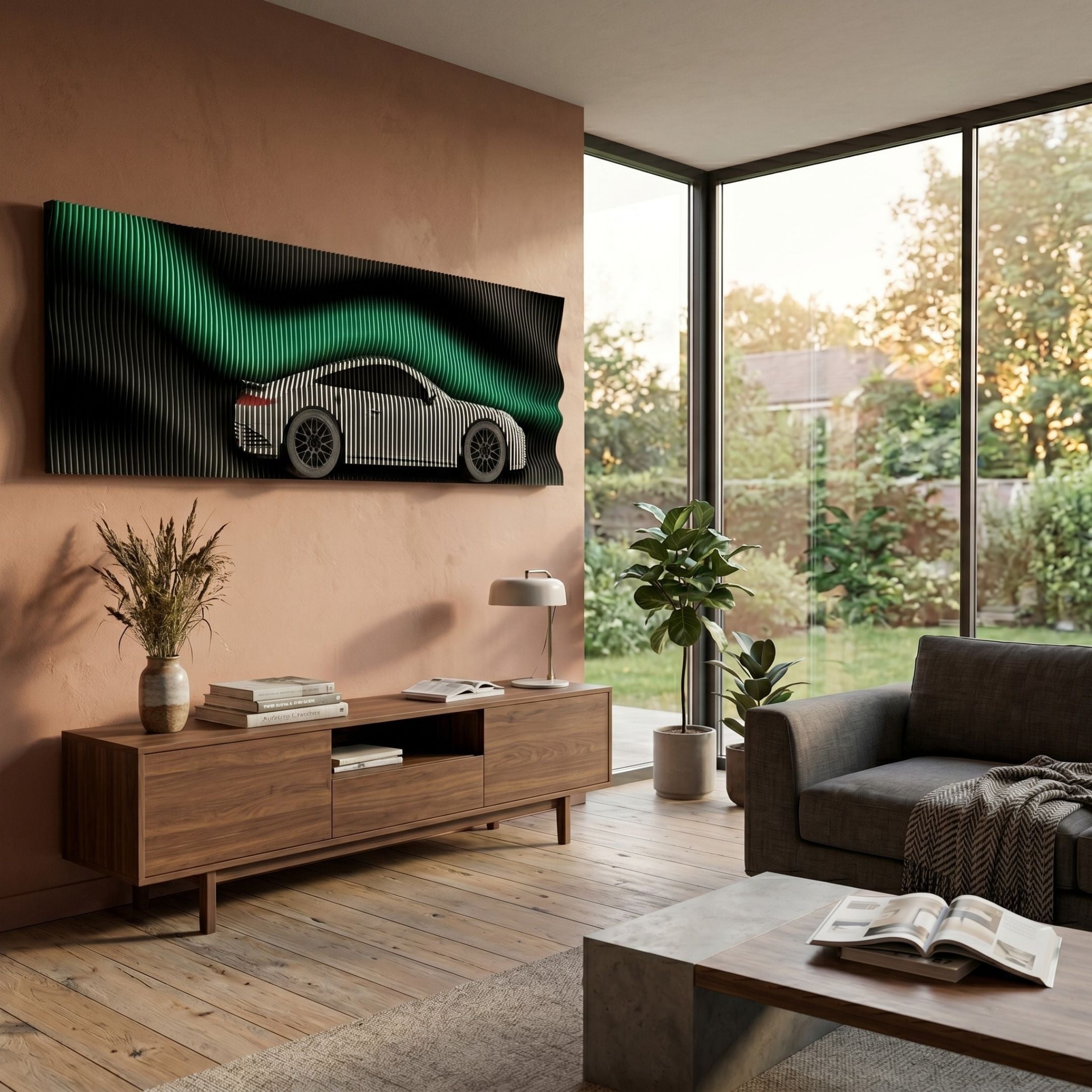 Velocedra Green Gradient Silver Sportscar 3D Relief Wall Art by Giant Sculptures mounted above a walnut sideboard in a modern living room with garden view.