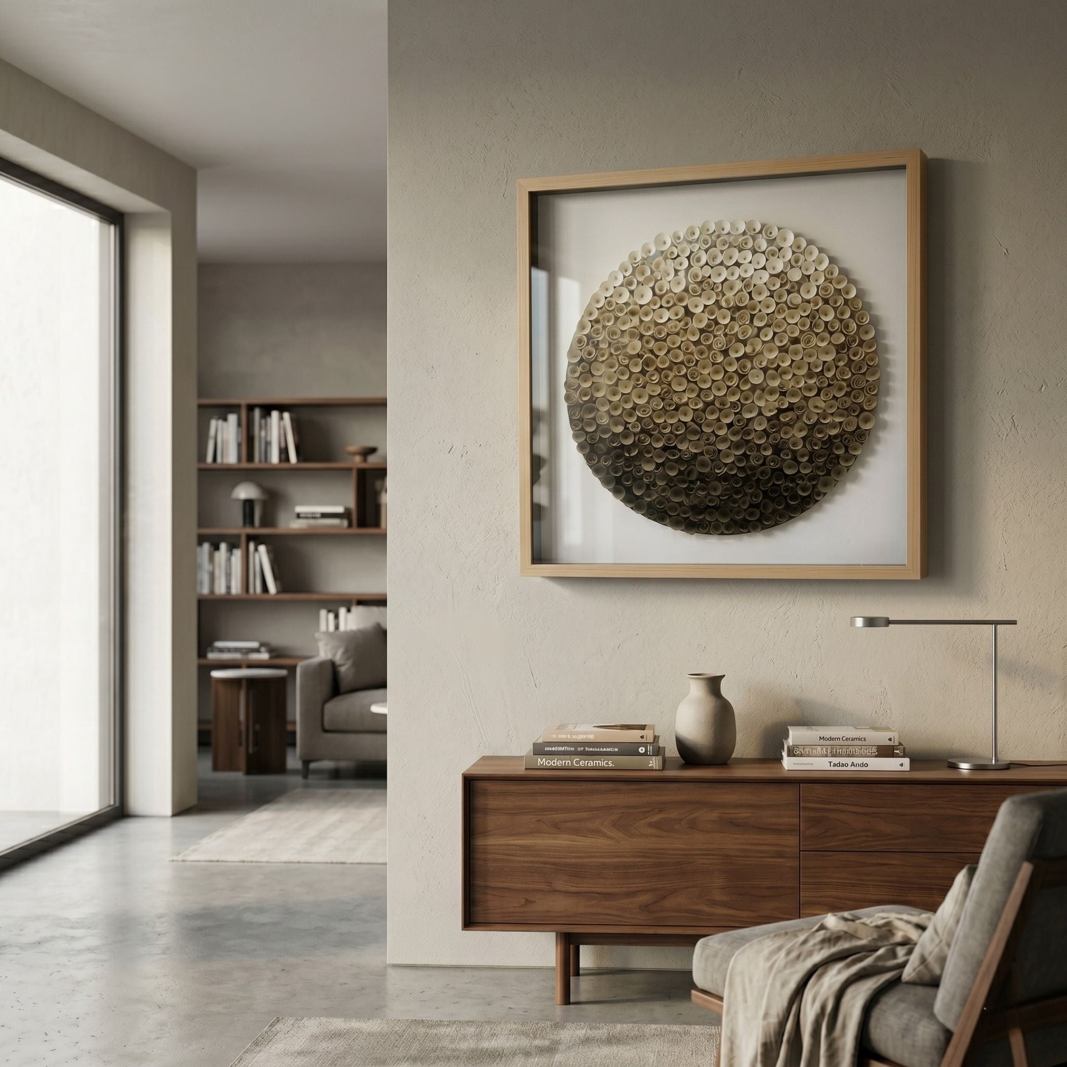 Aureliare Pearl Gold Rolled Floral Framed 3D Wall Art in light wood frame above a walnut sideboard with books and vase in a modern neutral living room.