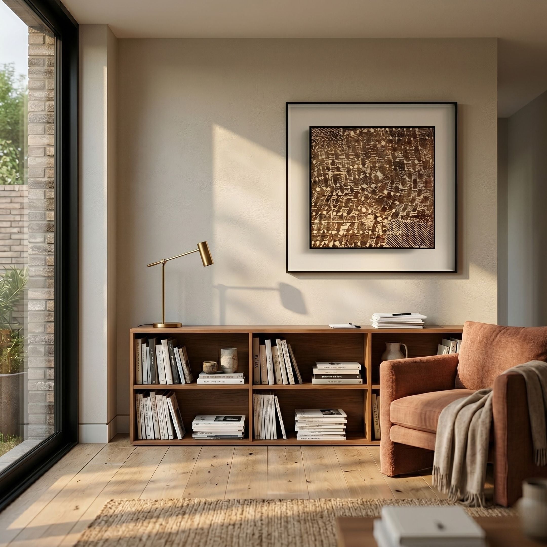 Fiorenze Taupe & Brown Grid Textured Square 3D Wall Art by Giant Sculptures displayed above a low walnut bookshelf in a sunlit living room with a terracotta armchair.