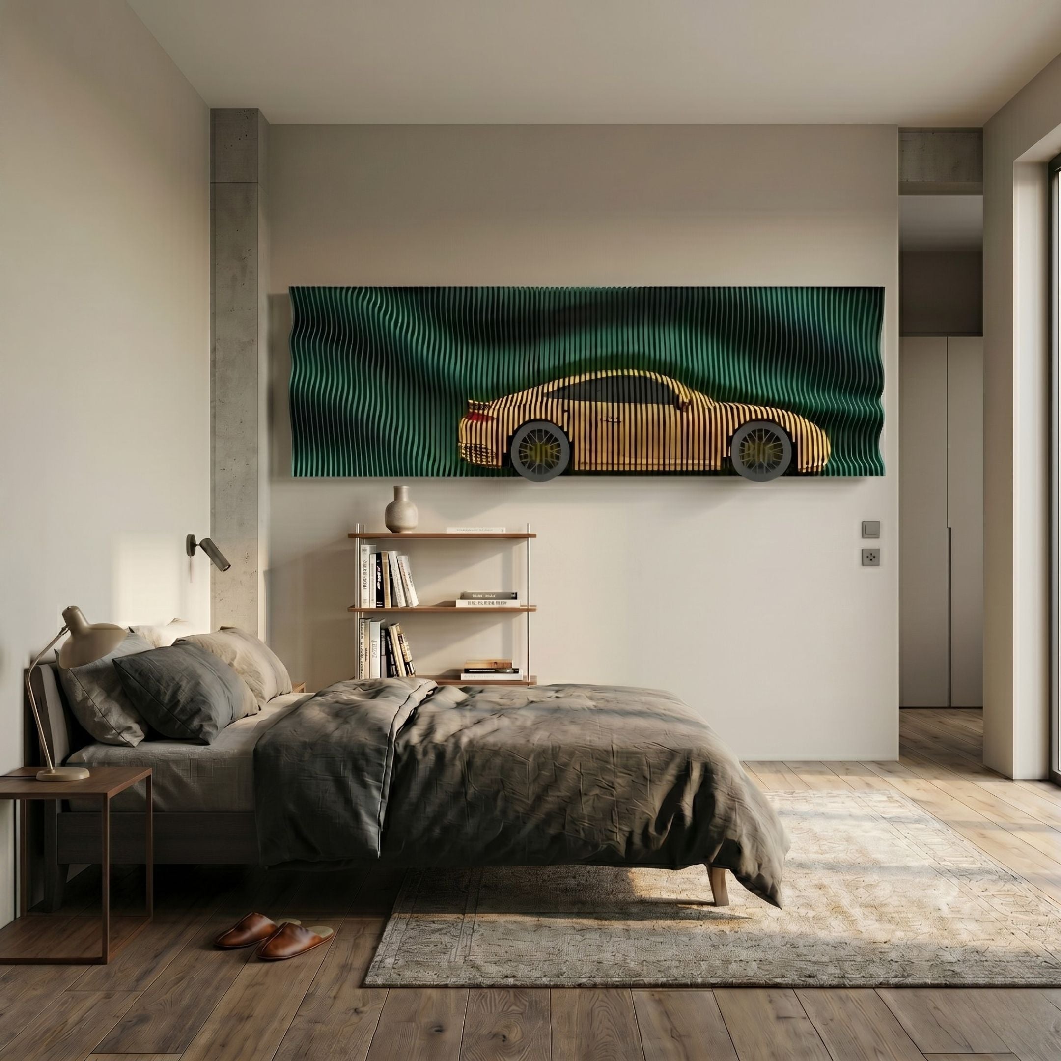Velocedra Yellow Sportscar 3D Relief Wall Art by Giant Sculptures, displayed above a bookshelf in a modern bedroom with a grey-linen bed and wood floor.