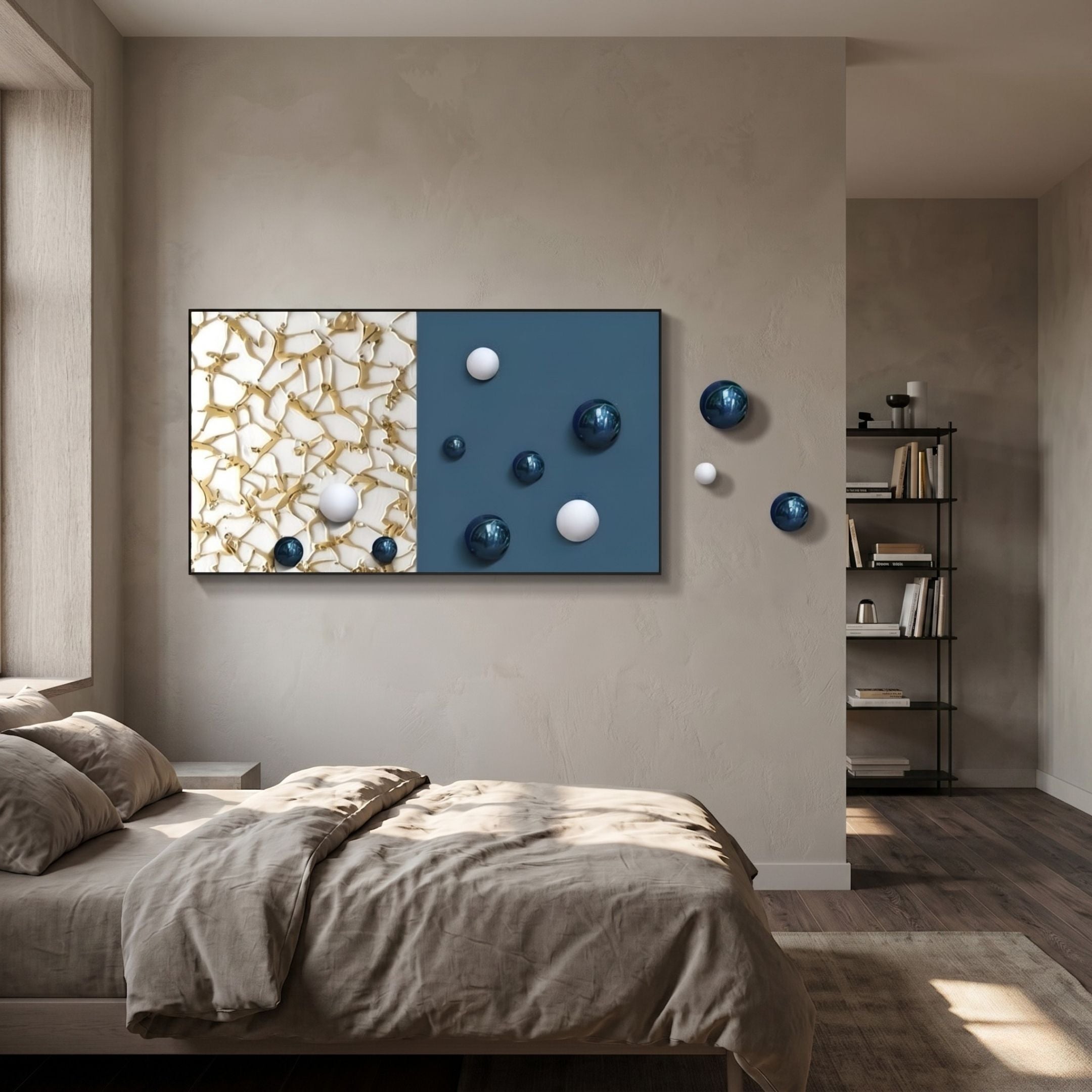 Spherium Blue & White Orb Dual-Tone Panel 3D Wall Art mounted above a bed, with orbs extending onto the wall beside a bookshelf.
