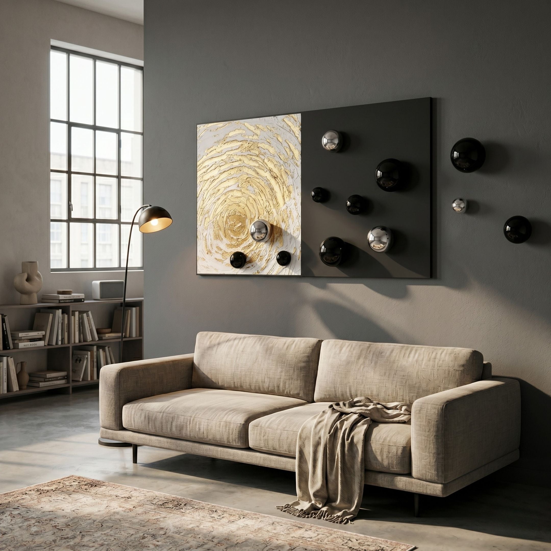 Spherium Black & Silver Orb Dual-Tone Panel 3D Wall Art by Giant Sculptures mounted above a beige sofa in a grey living room with a floor lamp and bookshelf.