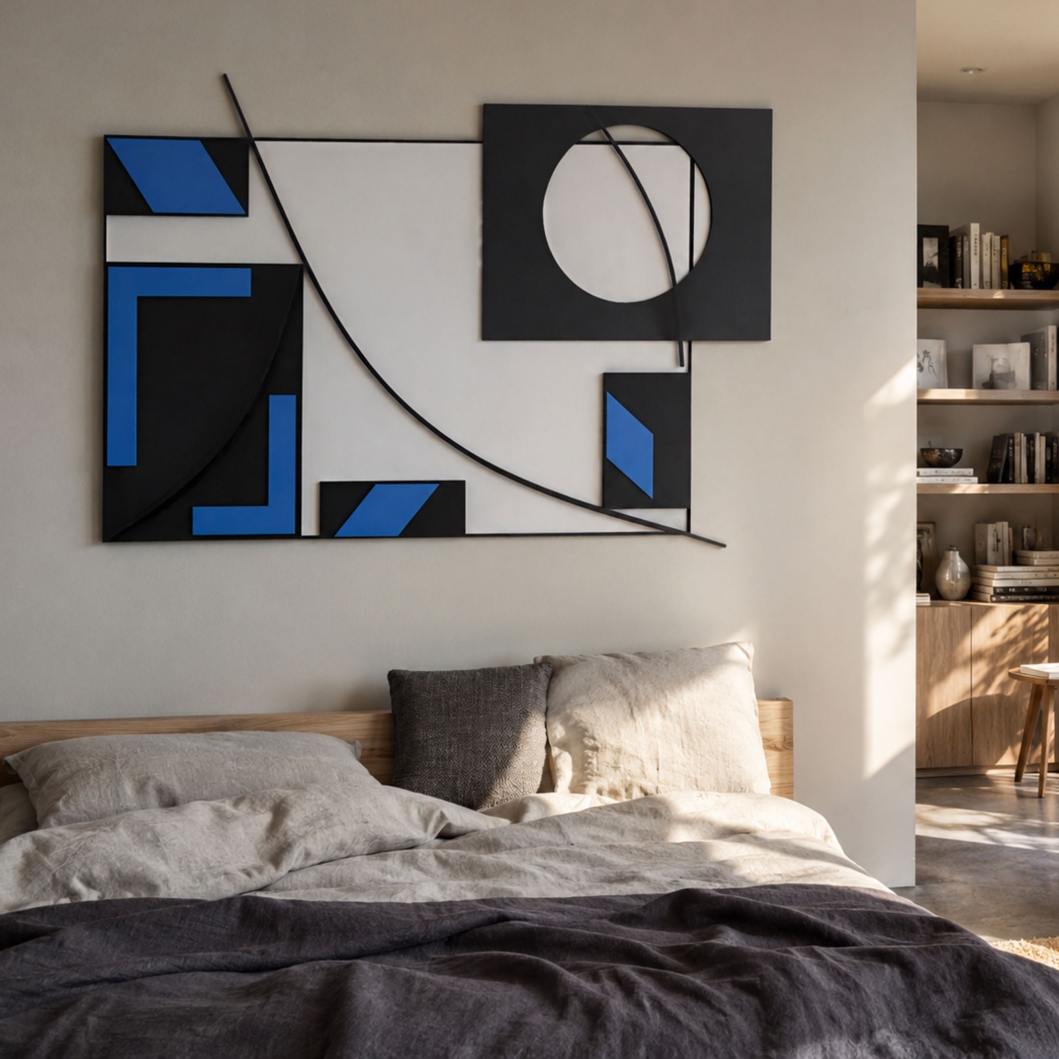 Struktura Blue & Black Geometric Curve 3D Wall Art displayed above a wooden bed with linen bedding, beside open shelves of books in a sunlit bedroom.