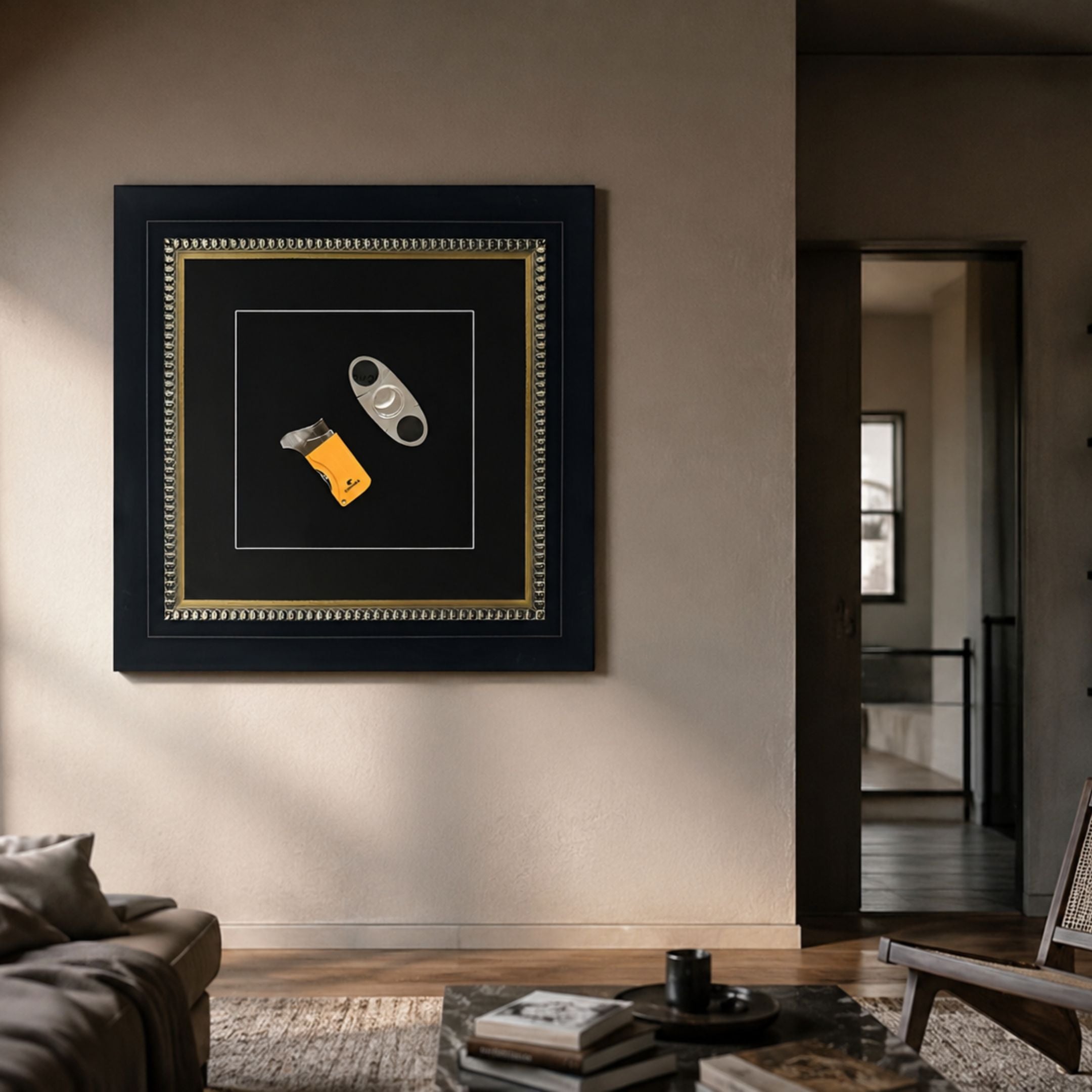 Havantra Cutter & Torch Cigar Accessory Framed Wall Art by Giant Sculptures, with yellow torch lighter and silver cutter on black, displayed in a living room.