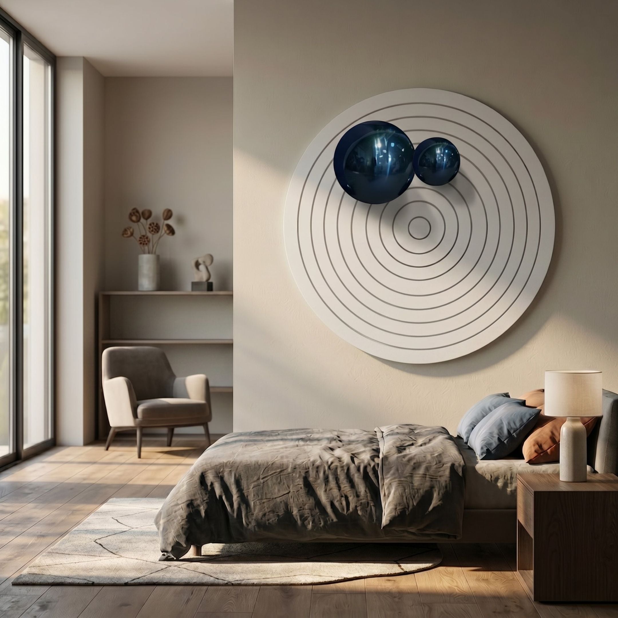 Giant Sculptures Orbiora II Blue Duo Concentric Sphere 3D Wall Art with two glossy blue spheres on a white ringed panel above a bed in a modern bedroom.