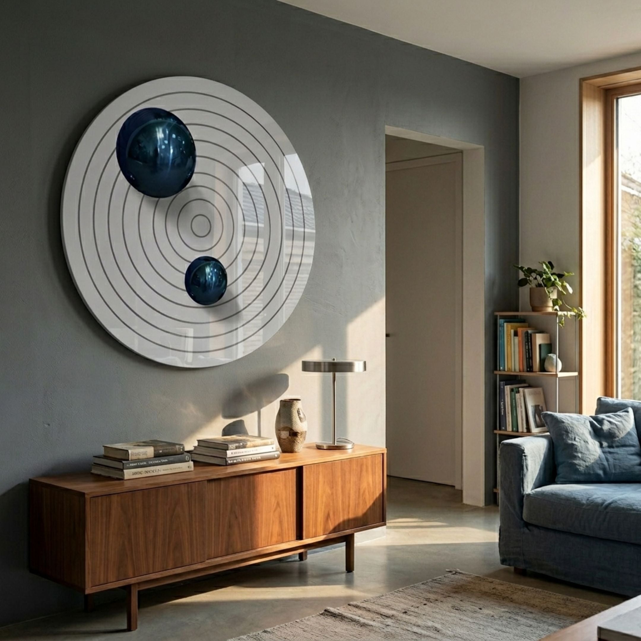 Orbiora I Blue Duo Concentric Sphere 3D Wall Art by Giant Sculptures displayed above a walnut sideboard in a grey-walled living room with a blue sofa.