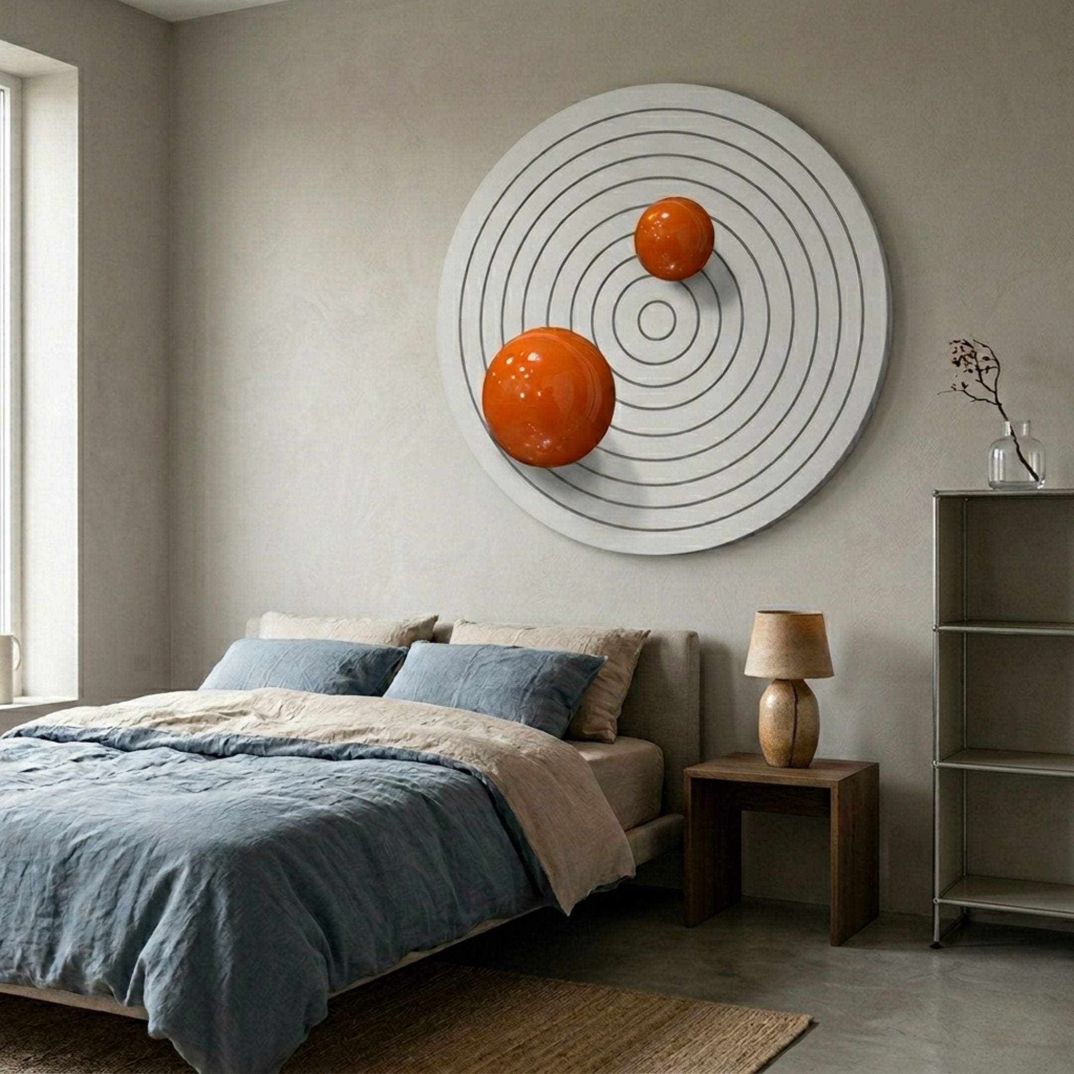 Orbiora III Orange Duo Concentric Sphere 3D Wall Art by Giant Sculptures displayed above a bed with blue linens, wood nightstand, and lamp in a minimalist bedroom.