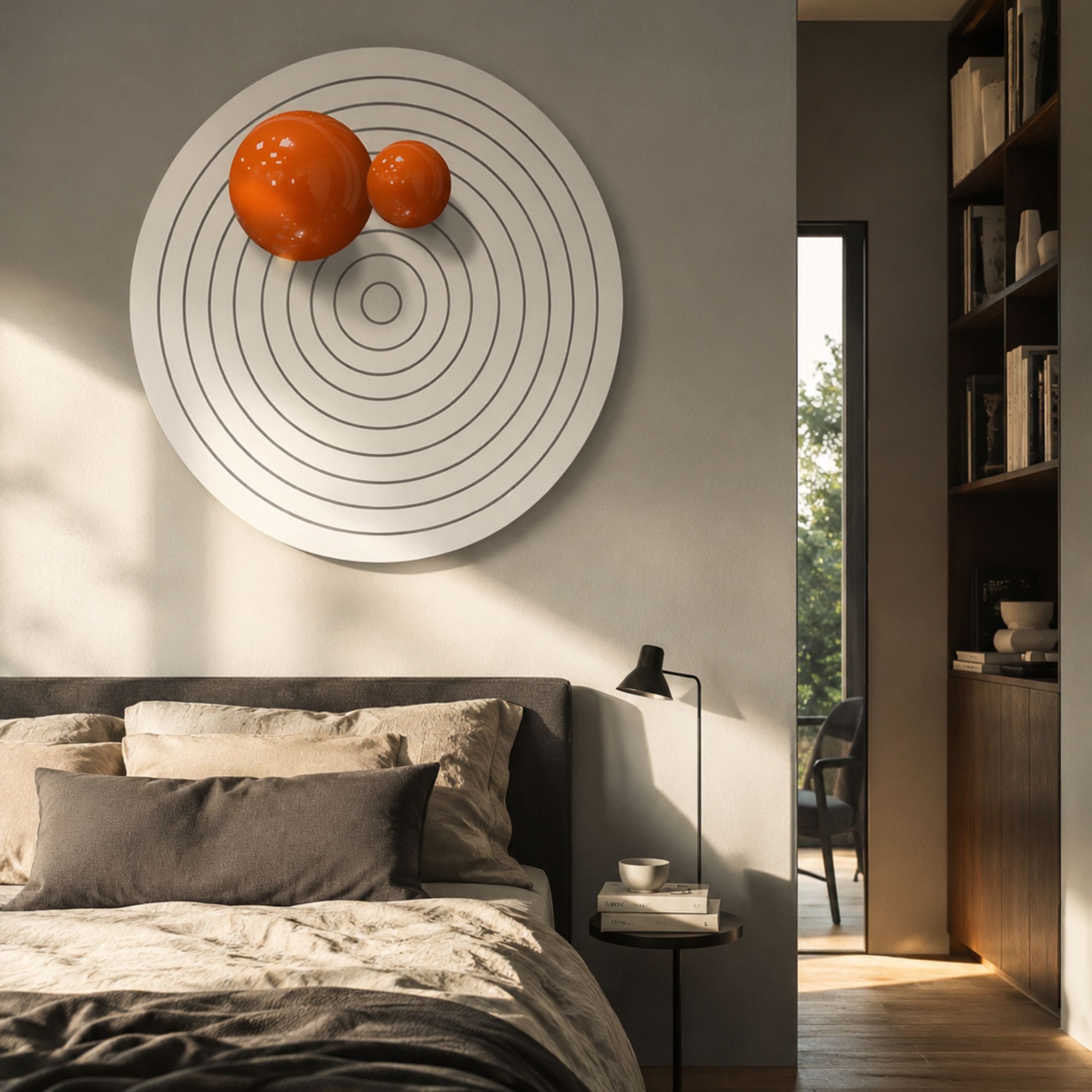 Orbiora II Orange Duo Concentric Sphere 3D Wall Art by Giant Sculptures displayed above an upholstered bed in a modern bedroom with a floor lamp and bookshelf.
