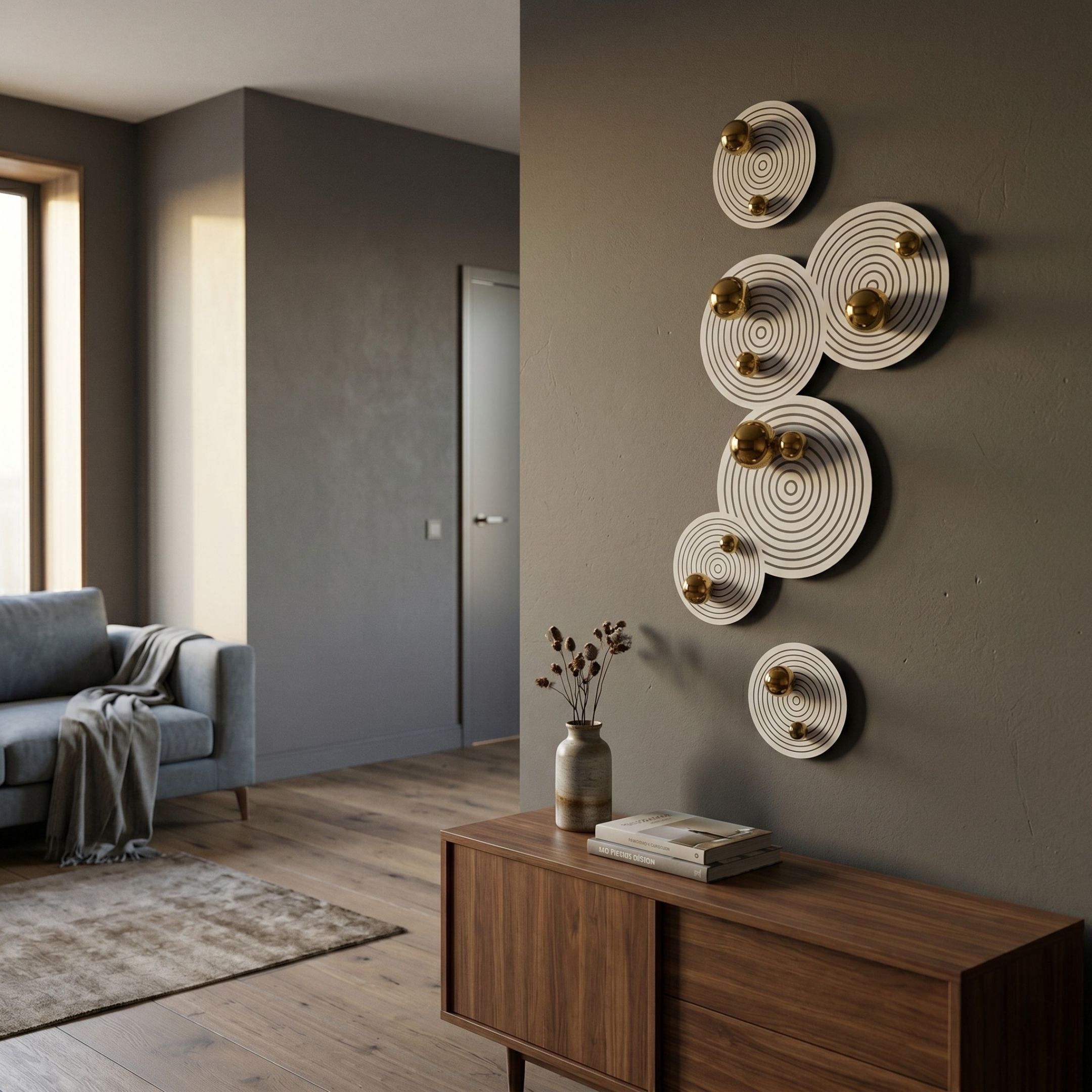 Orbiora Gold Orb 6-Panel II Concentric Sphere 3D Wall Art by Giant Sculptures displayed on a dark grey wall above a walnut sideboard in a modern living room.