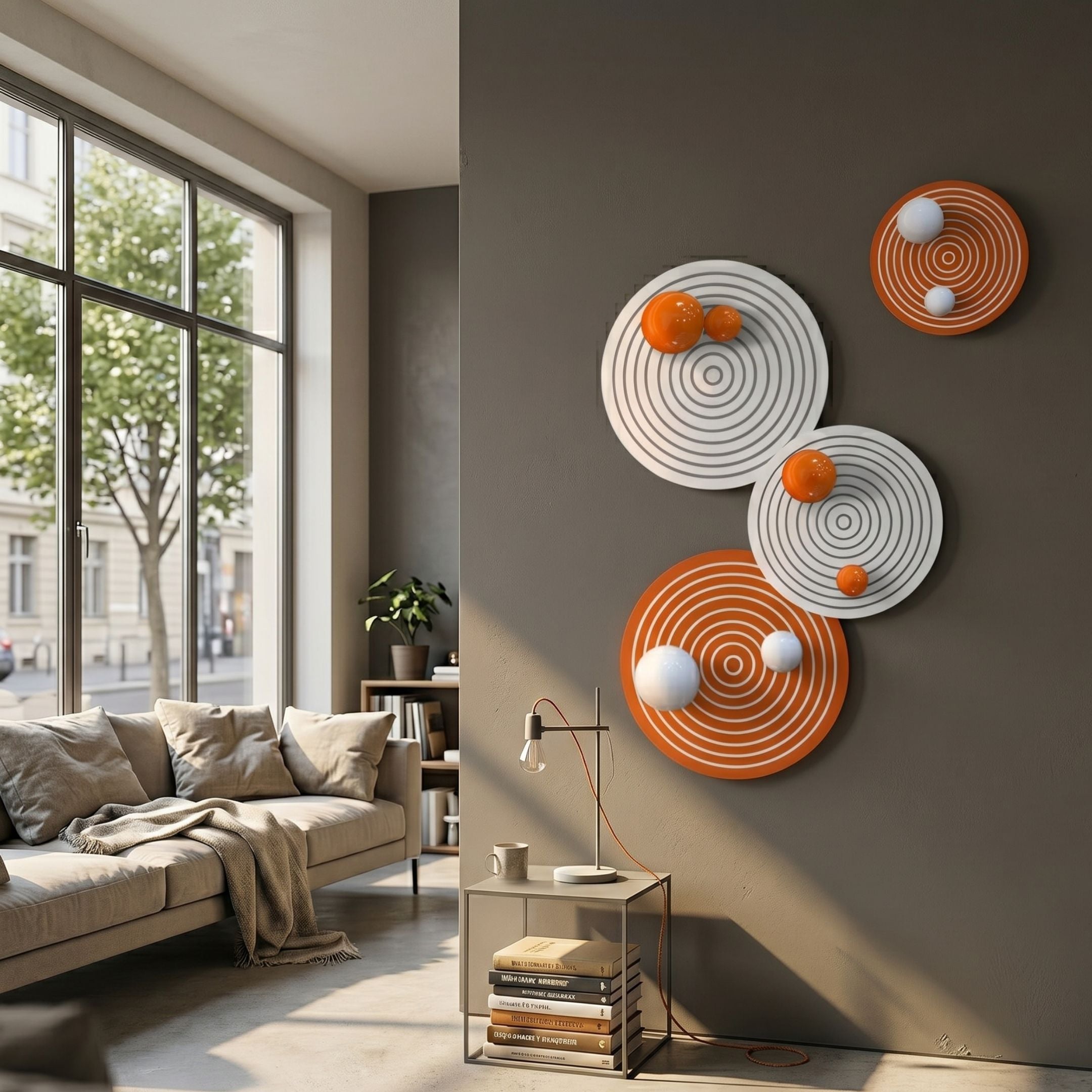 Orbiora Orange & White Orb 4-Panel Concentric Sphere 3D Wall Art displayed on a grey wall in a modern living room with a beige sofa and side table.