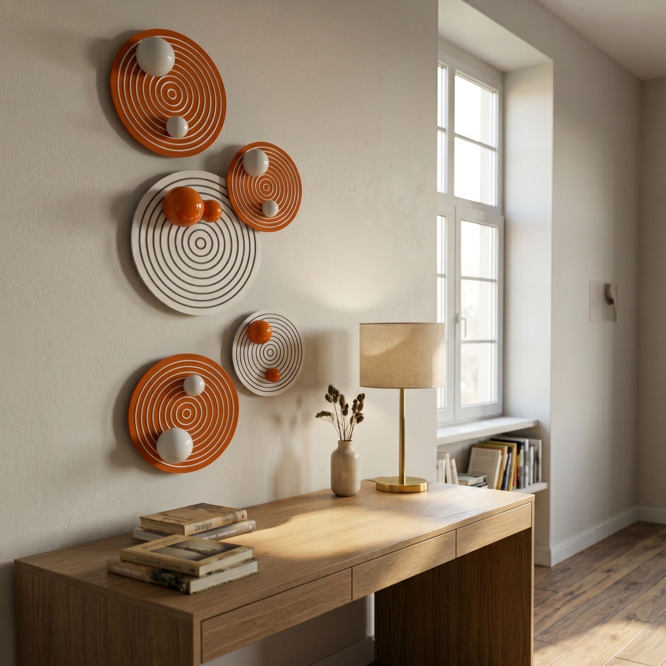 Orbiora Orange & White Orb 5-Panel Concentric Sphere 3D Wall Art by Giant Sculptures displayed above a wooden console table with lamp and books.