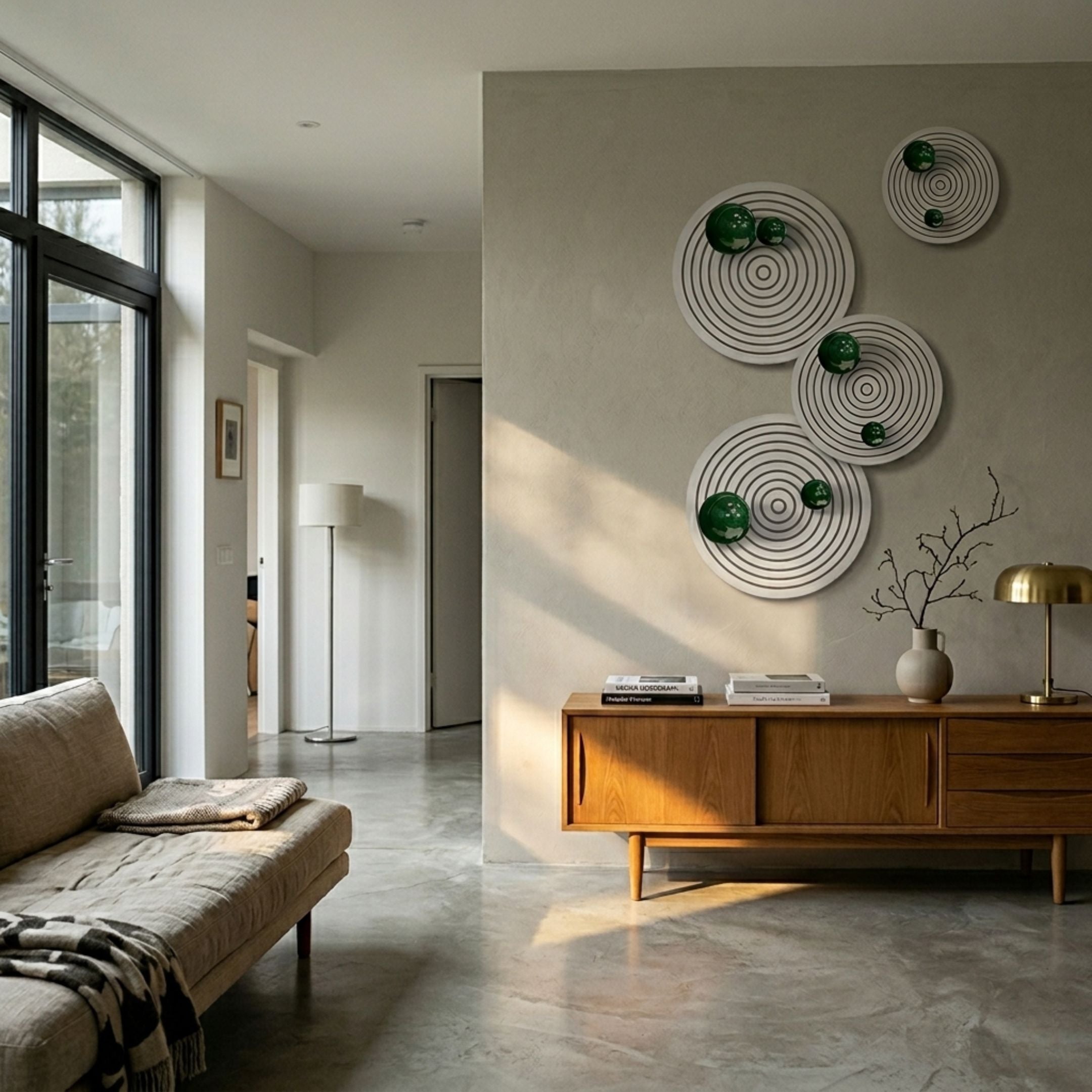 Orbiora Green Orb 4-Panel Concentric Sphere 3D Wall Art by Giant Sculptures arranged diagonally on a beige wall above a wooden sideboard in a modern living room.