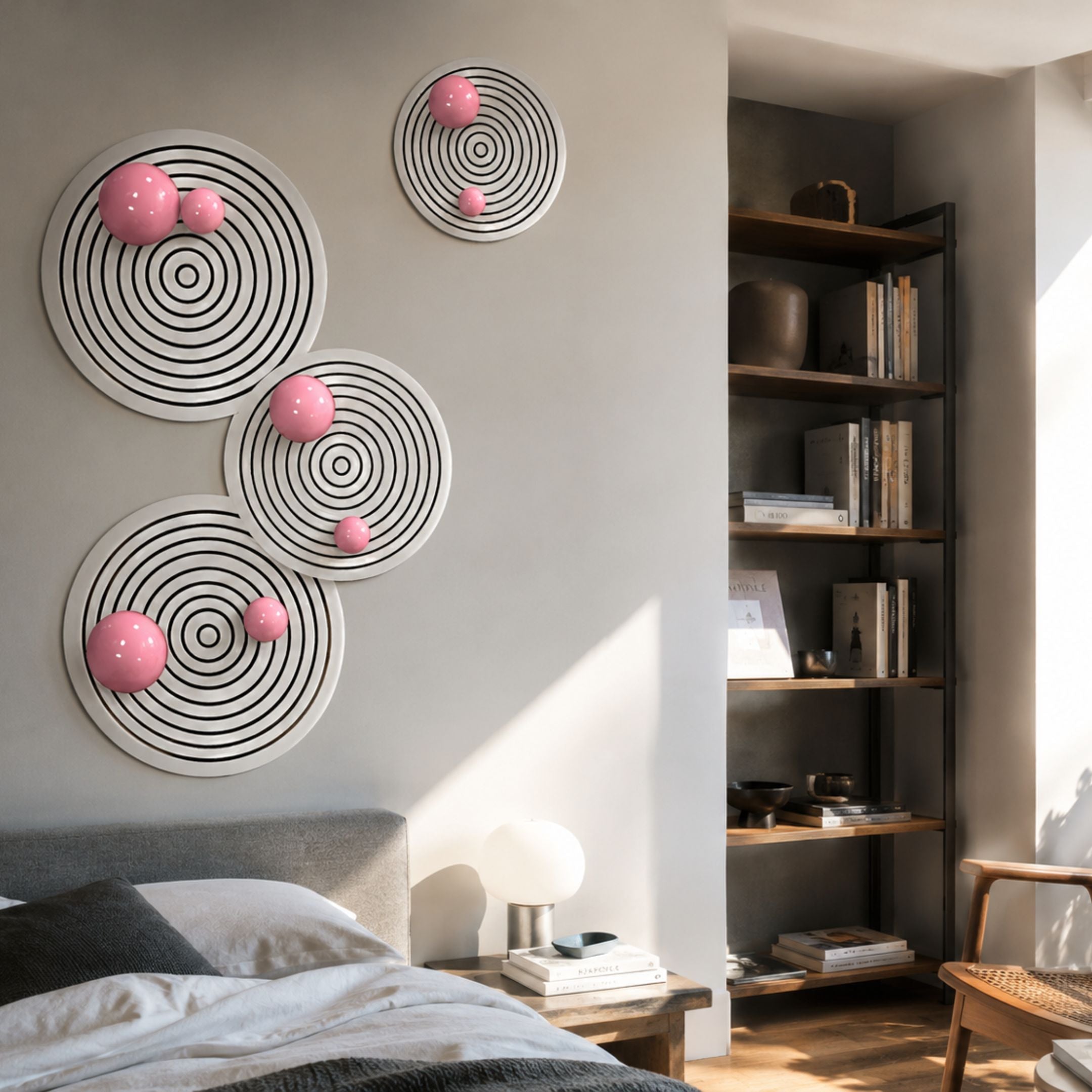 Orbiora Pink Orb 4-Panel Concentric Sphere 3D Wall Art by Giant Sculptures displayed above a bed, with glossy pink orbs on black-and-white ringed panels.