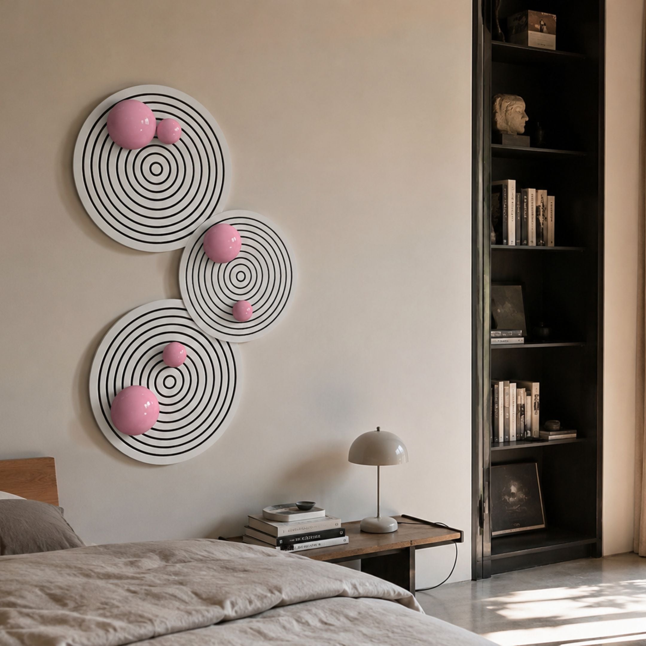 Orbiora Pink Orb 3-Panel Concentric Sphere 3D Wall Art by Giant Sculptures displayed above a bedside table with lamp, beside a dark bookshelf in a bedroom.