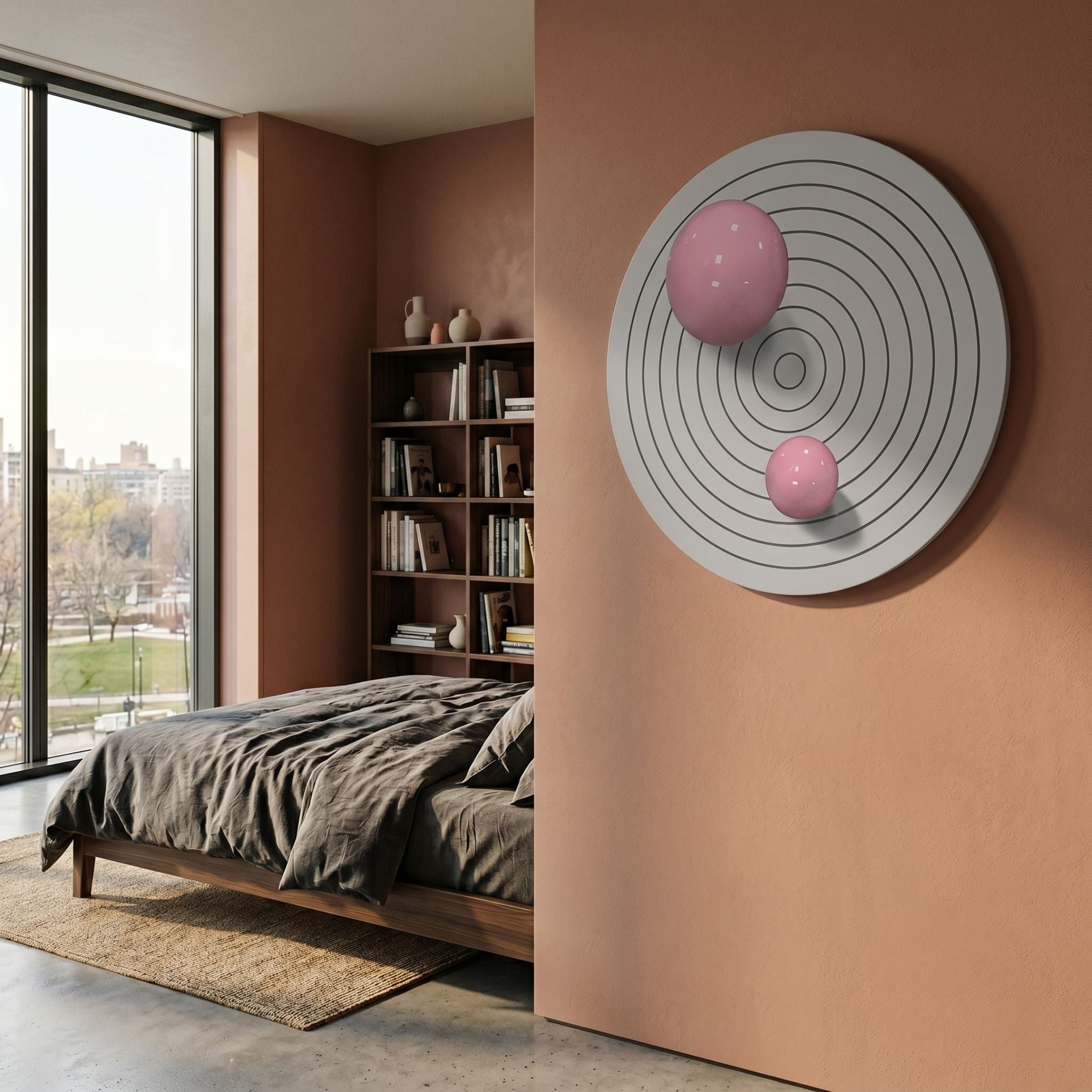 Orbiora IV Pink Duo Concentric Sphere 3D Wall Art by Giant Sculptures mounted on a terracotta bedroom wall beside a wooden bed, bookshelf, and window.