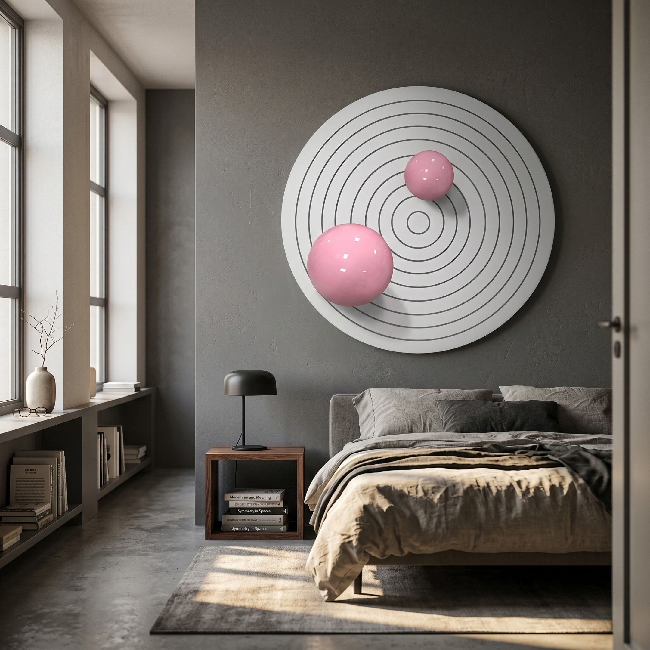 Orbiora III Pink Duo Concentric Sphere 3D Wall Art by Giant Sculptures, two glossy pink spheres on a white circular panel with black concentric rings, displayed above a grey bed.